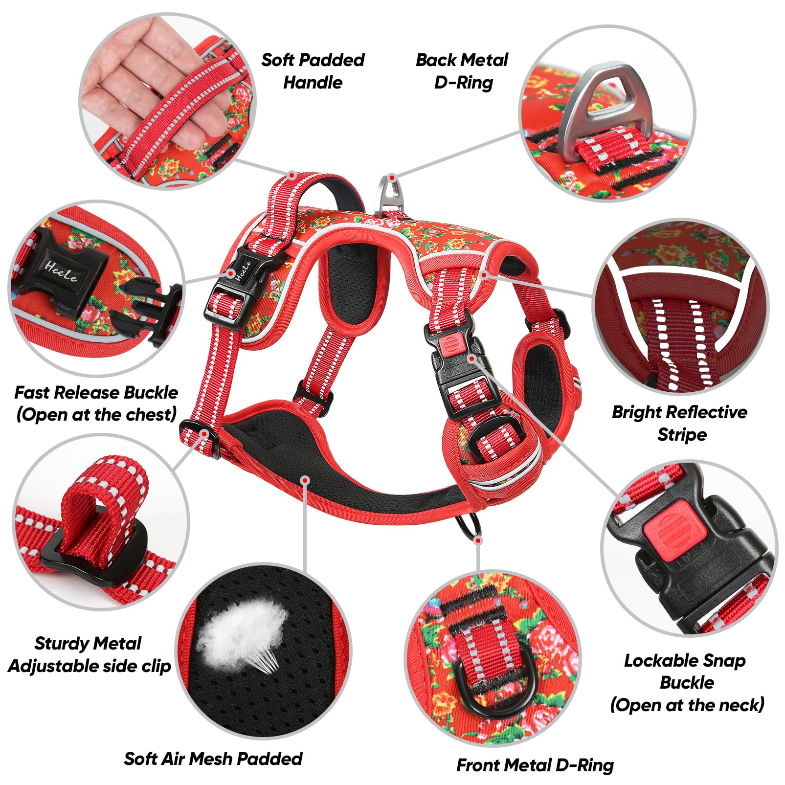 HEELE Pettorina Cane, Imbracatura Sganciata Rapido dal Collo, Pettorina Anti-tiro Riflettente e Regolabile con Maniglia Comoda, Morbida e Imbottita per Cani, Floral-Rosso-Serratura S