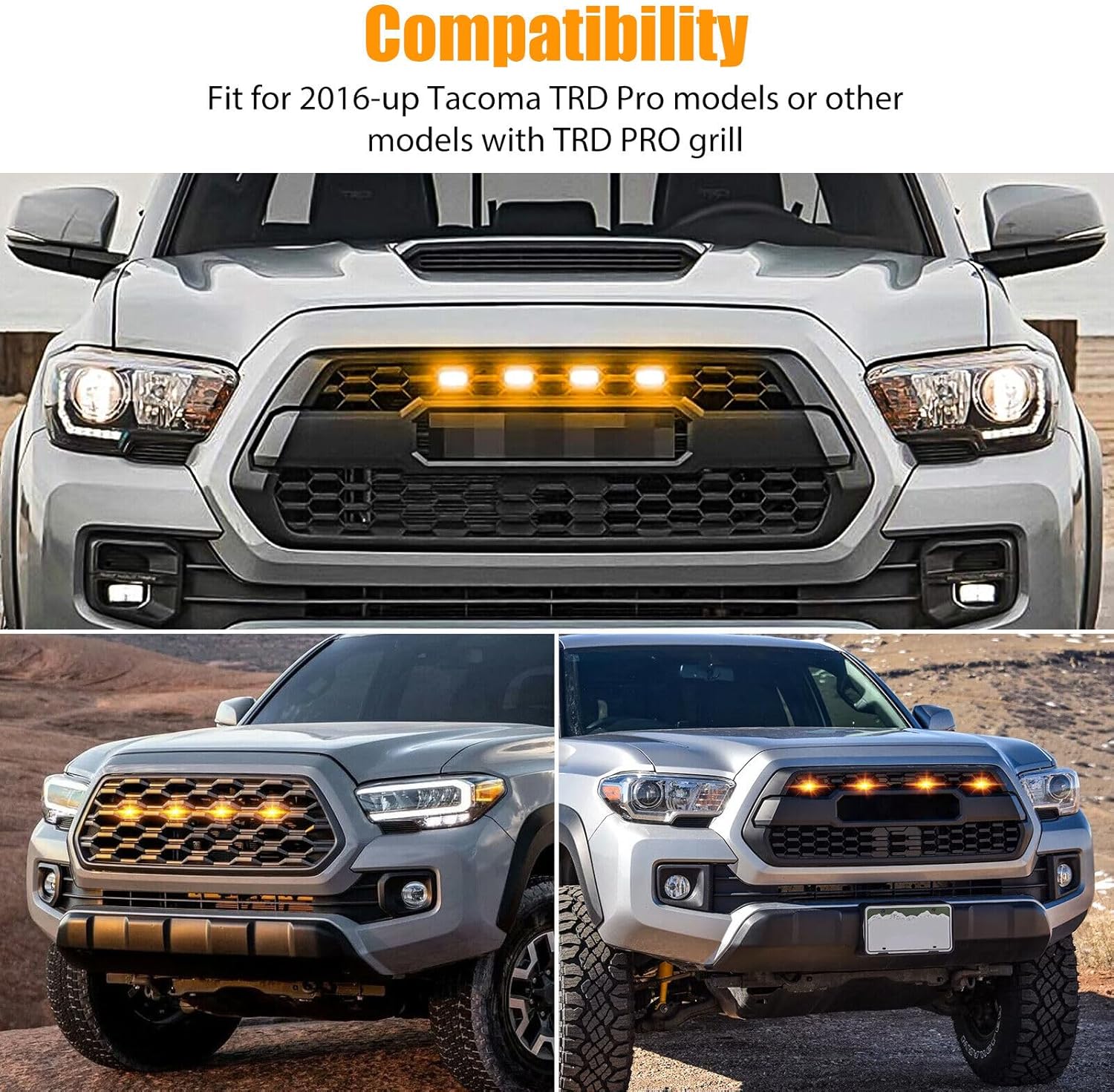 4PCS LED Lights for 2016-2023 Aftermarket Toyota Tacoma TRD PRO Grille with Harness & Fuse (Yellow Surface Amber Light)