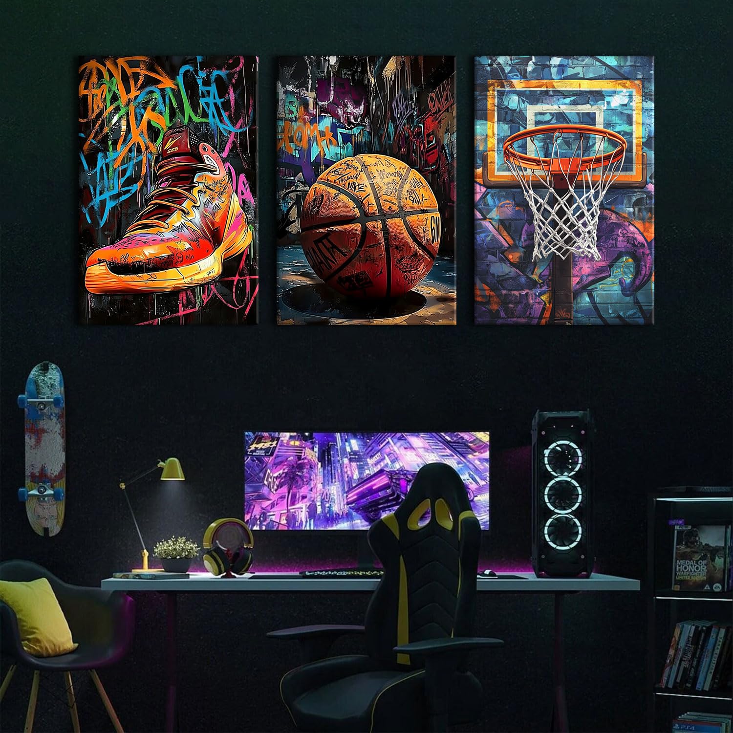 Pallacanestro Decorazione da parete Street Graffiti Nba Poster Scarpe Campo da basket Stampe su tela Astratte Moda Opere d'arte per Wall Ball Star Adolescenti Sala giochi Aula Accessori per la