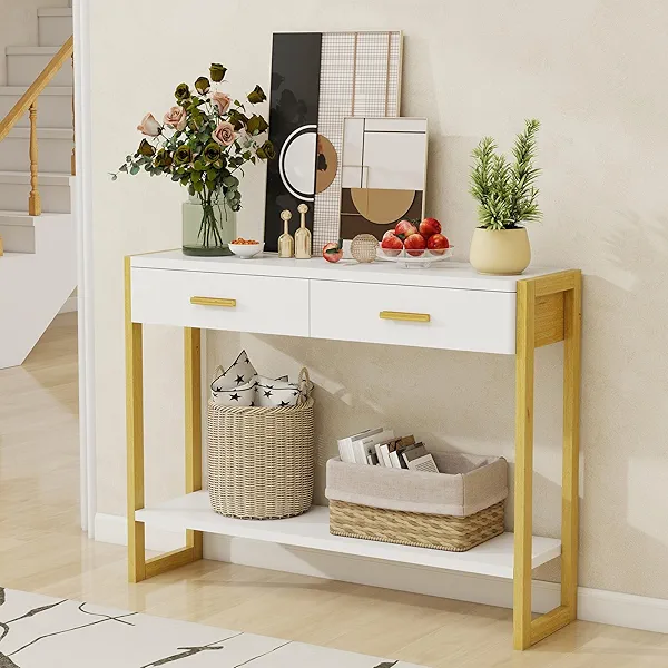 Solid Wood Console Table with Storage Entryway Table with 2 Drawers Shelf & Reinforced Legs White