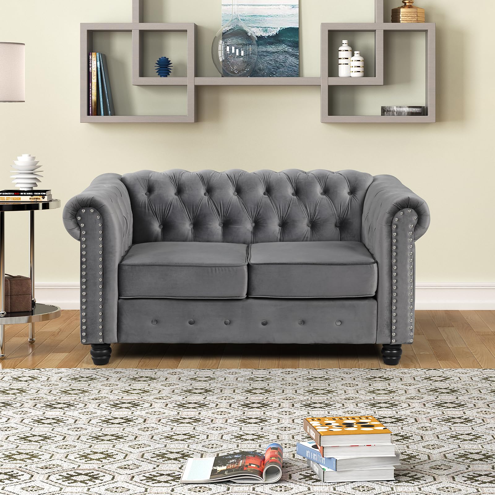 RN Furnishings Loveseat for Living Room, Loveseat Sofa No Sagging, Loveseats 24'' Comfy Seat Depth, Modern Loveseat Tool-Free Assemble, Velvet Loveseat Pet-Friendly Super Soft Chesterfield Color: Cafe Latte