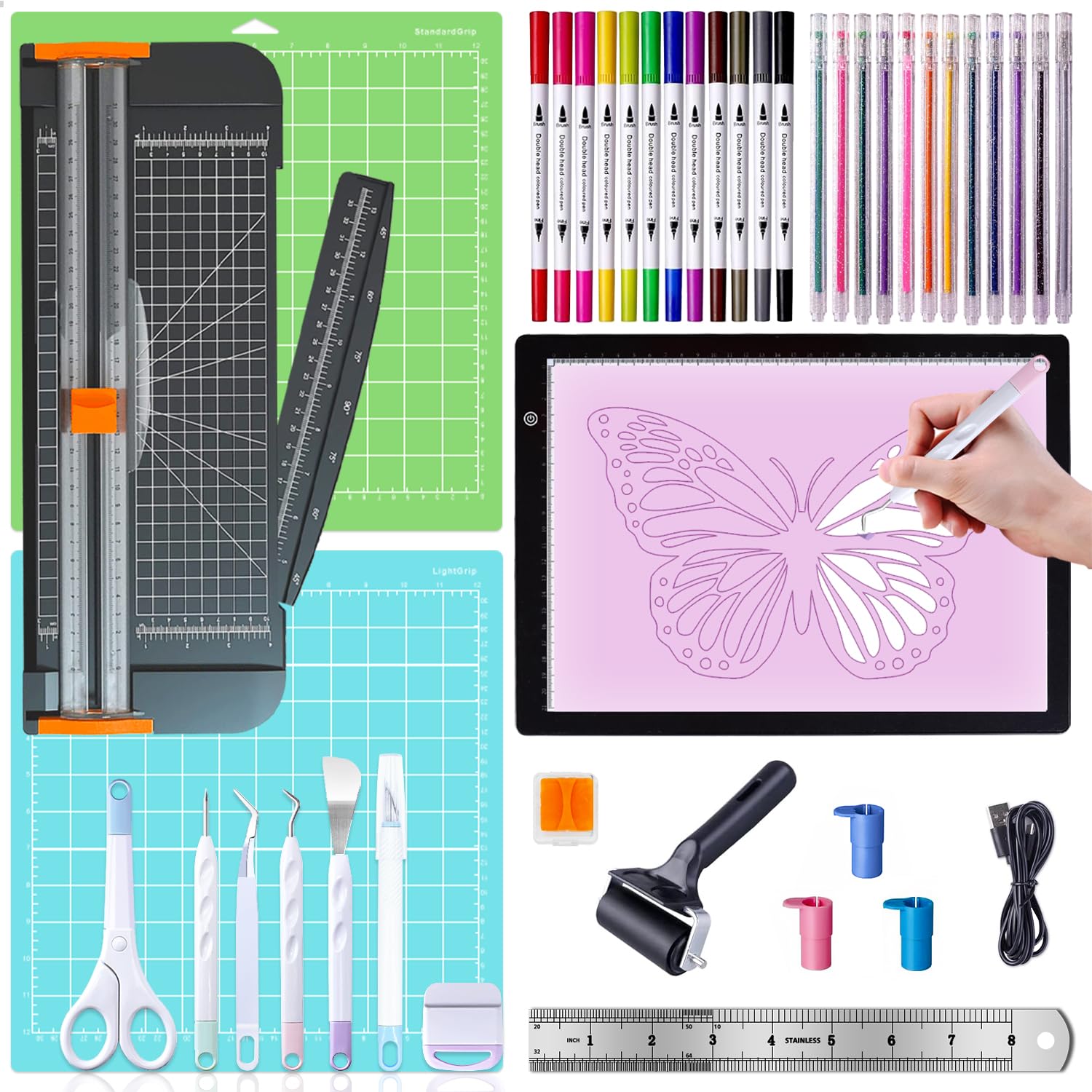 Il set di attrezzi tutto in uno per macchina da taglio - Kit artigianale con strumenti di diserbo, cuscinetto luminoso a LED, taglierina, tappetini da taglio, rullo Brayer, coltello True Control per