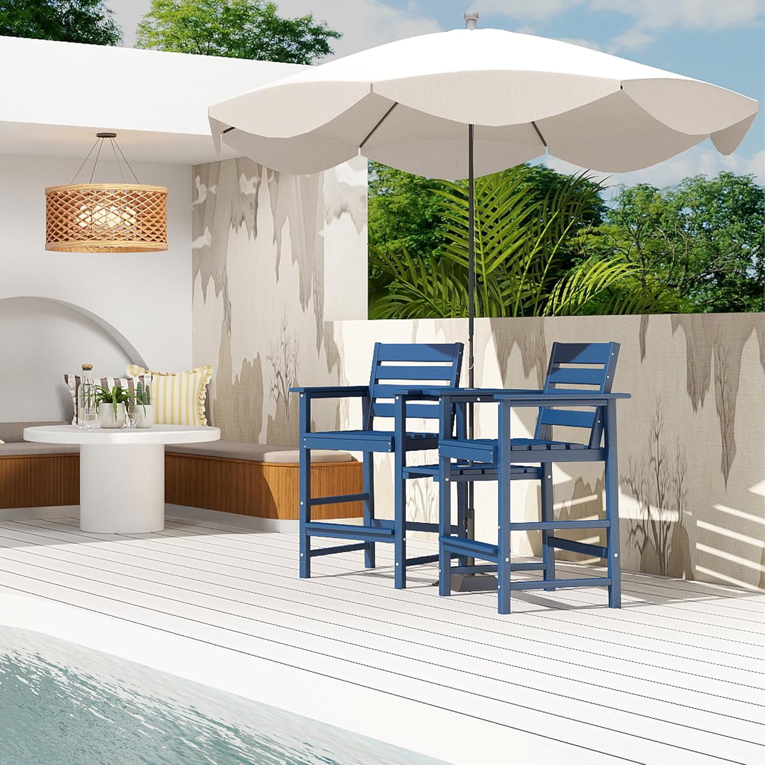 Tall Adirondack Chair Set of 2 ,HDPE Adirondack Bar Stools with Removable Connecting Trays ,Weather Resistant Balcony Chair,Outdoor Adirondack Bar Chairs for Patio,Pool,Garden, Backyard Navy Blue