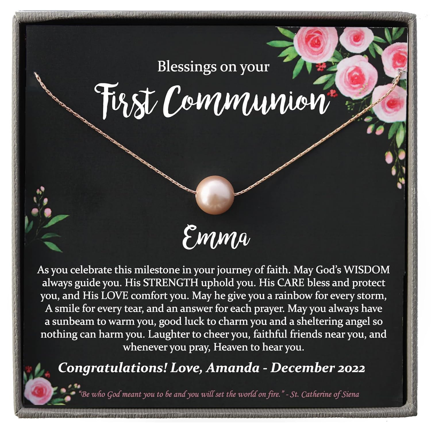 Personalized First Communion Gifts for Girls, 14K Gold Filled or 925 Sterling Silver Floating Pearl Necklace with Meaningful Message