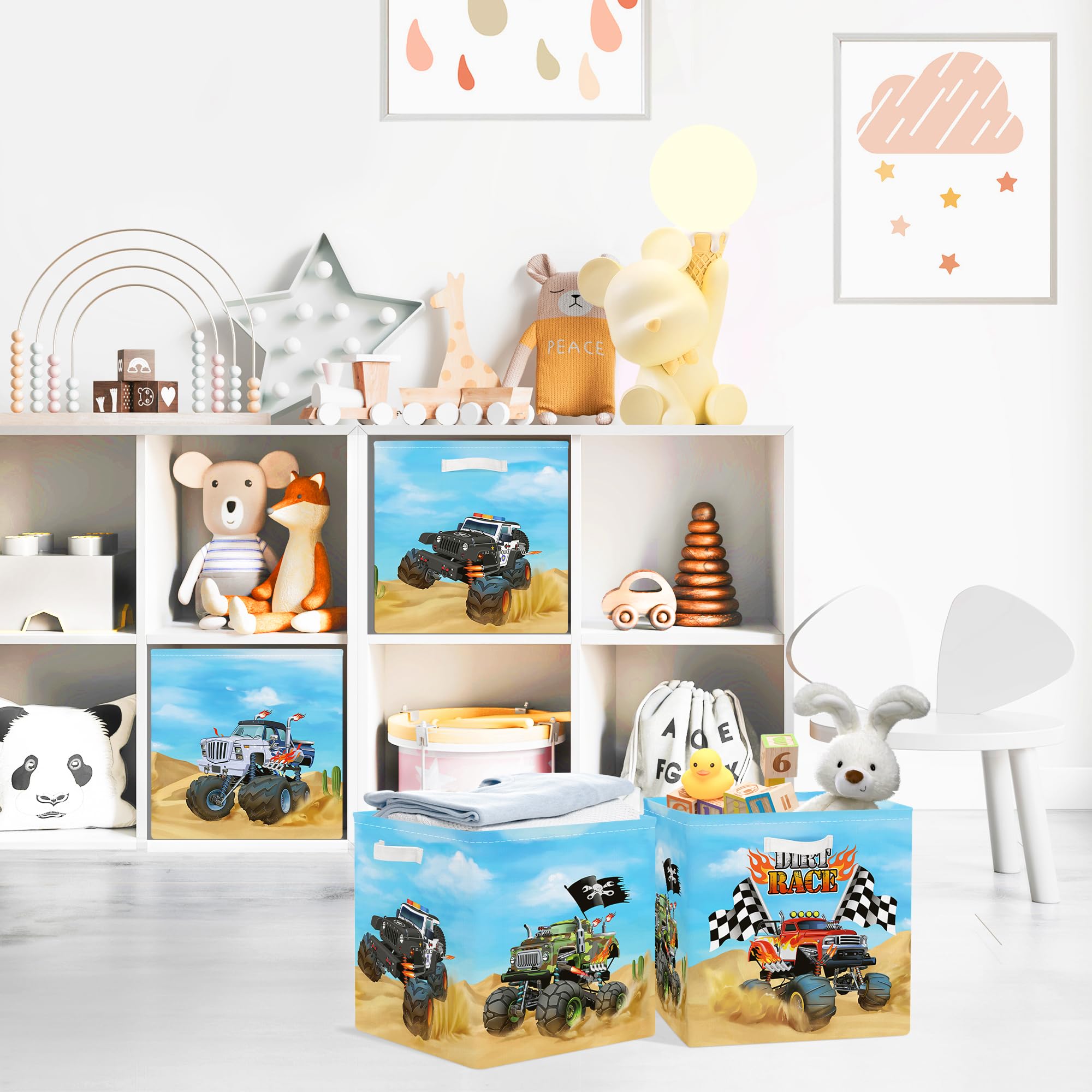 Clastyle 3 pcs Cars Cube Storage Unit Boxes Foldable Kallax Box for Shelves Parents Storage Baskets for Book Clothes Toy Organizer,Monster Truck,11.8x11.8x11.8 in - Image 3