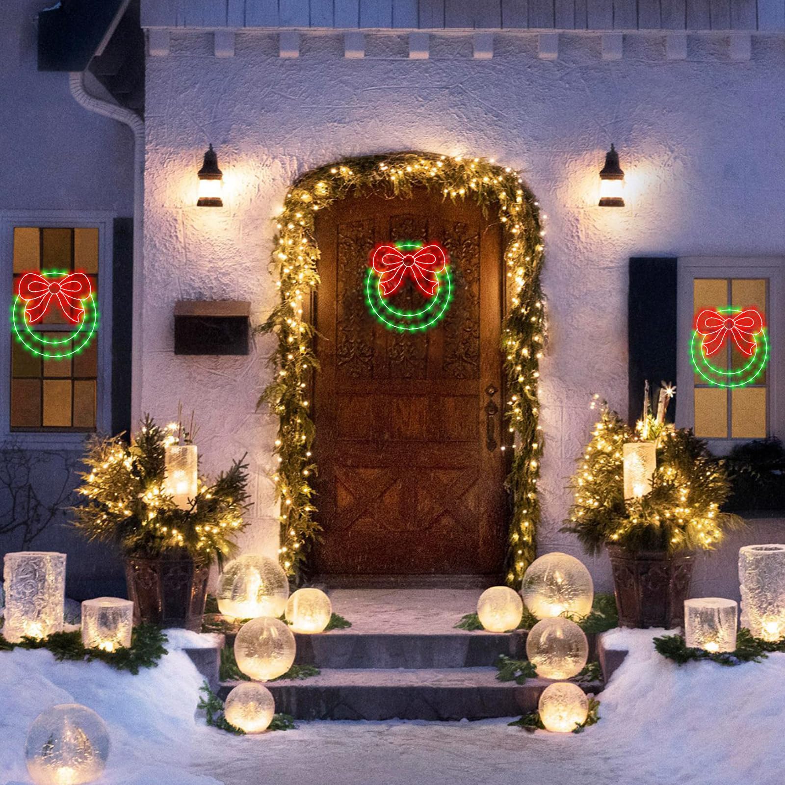 Zimati Lot de 2 guirlandes lumineuses de Noël de 34,3 cm à 82 DEL avec nœud, minuterie, télécommande USB, lumières de fenêtre pour porte, maison, fête de Noël