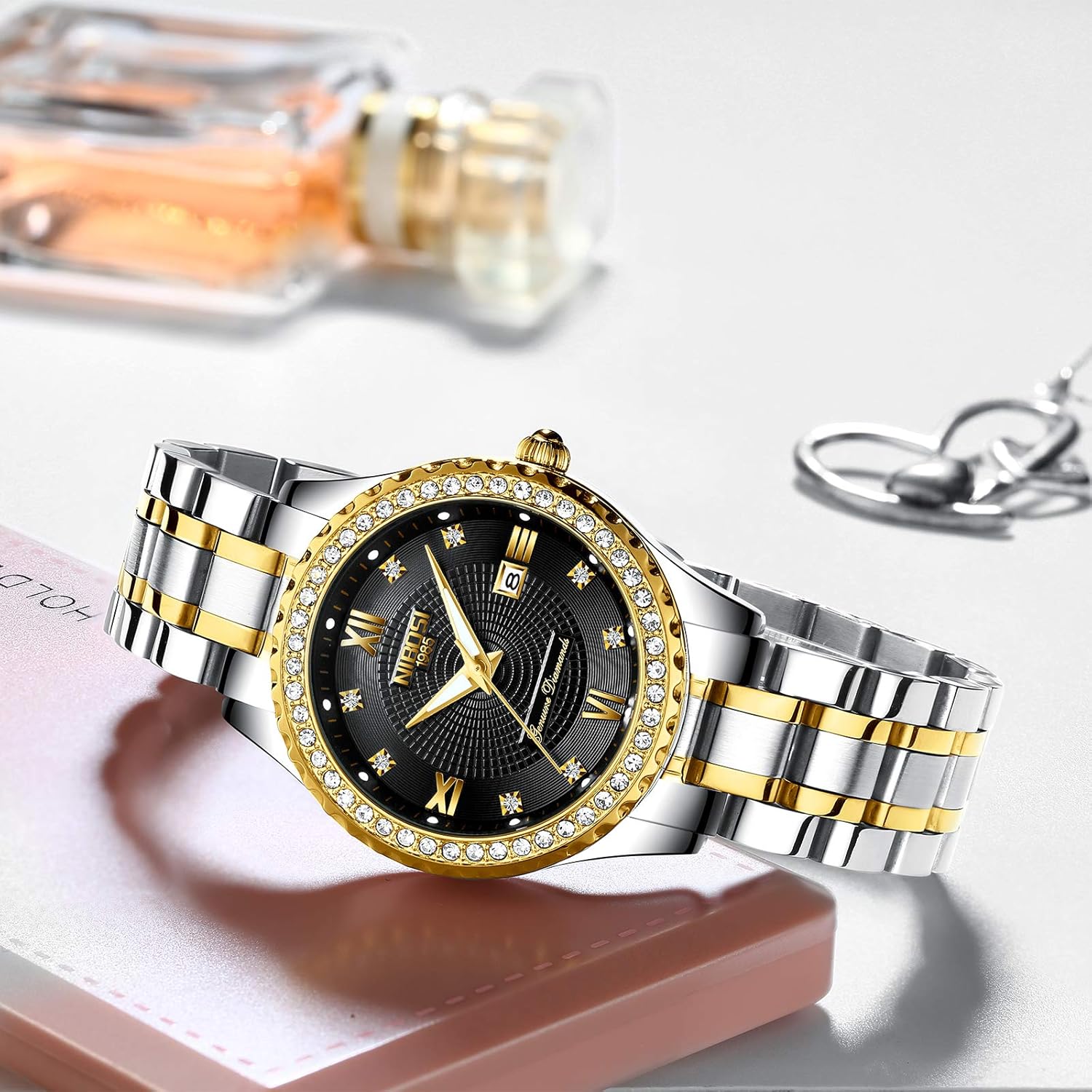 NIBOSI Women Watches Two Tone Diamond Watches for Women Luxury Dress Ladies Stainless Steel Waterproof Analog Quartz Watch Date Luminous Wrist Watches