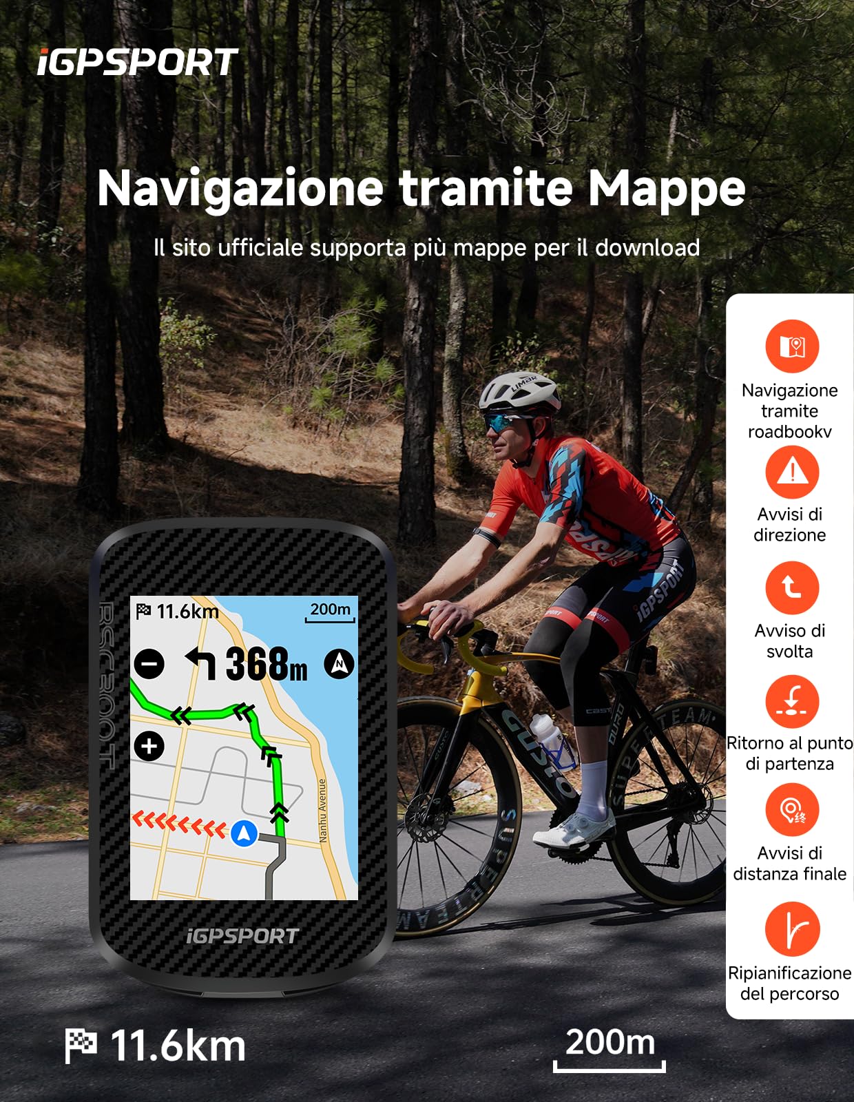 iGPSPORT BSC300T Ciclocomputer GPS con Navigazione Cartografica Touchscreen 2,4" USB Type-C per E-Bike Shimano Di2