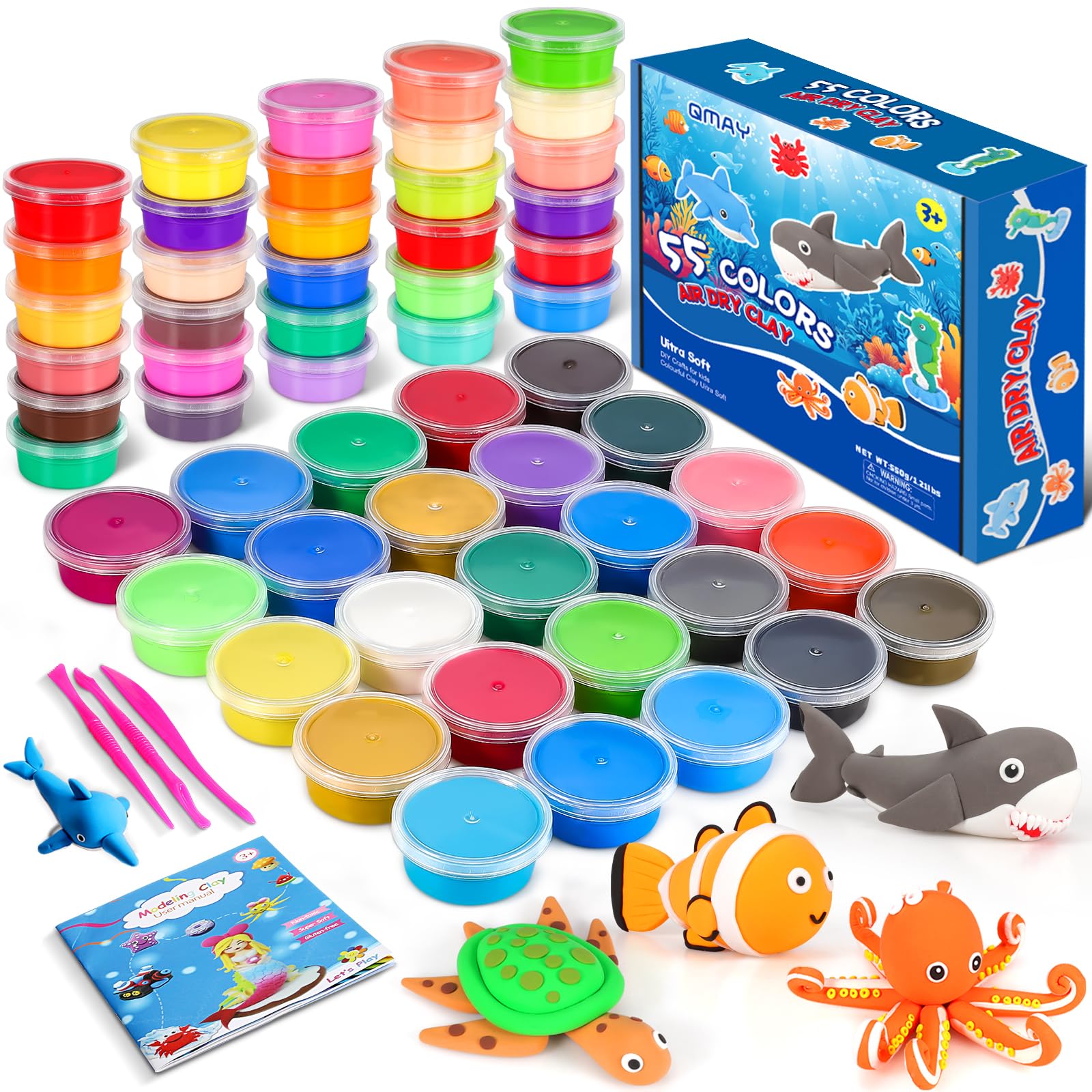 QMAY 55 Colors Air Dry Clay Kit  Ultra Light Magic Modeling Clay for Kids, DIY Craft Dough, Creative Art Supplies for Boys & Girls