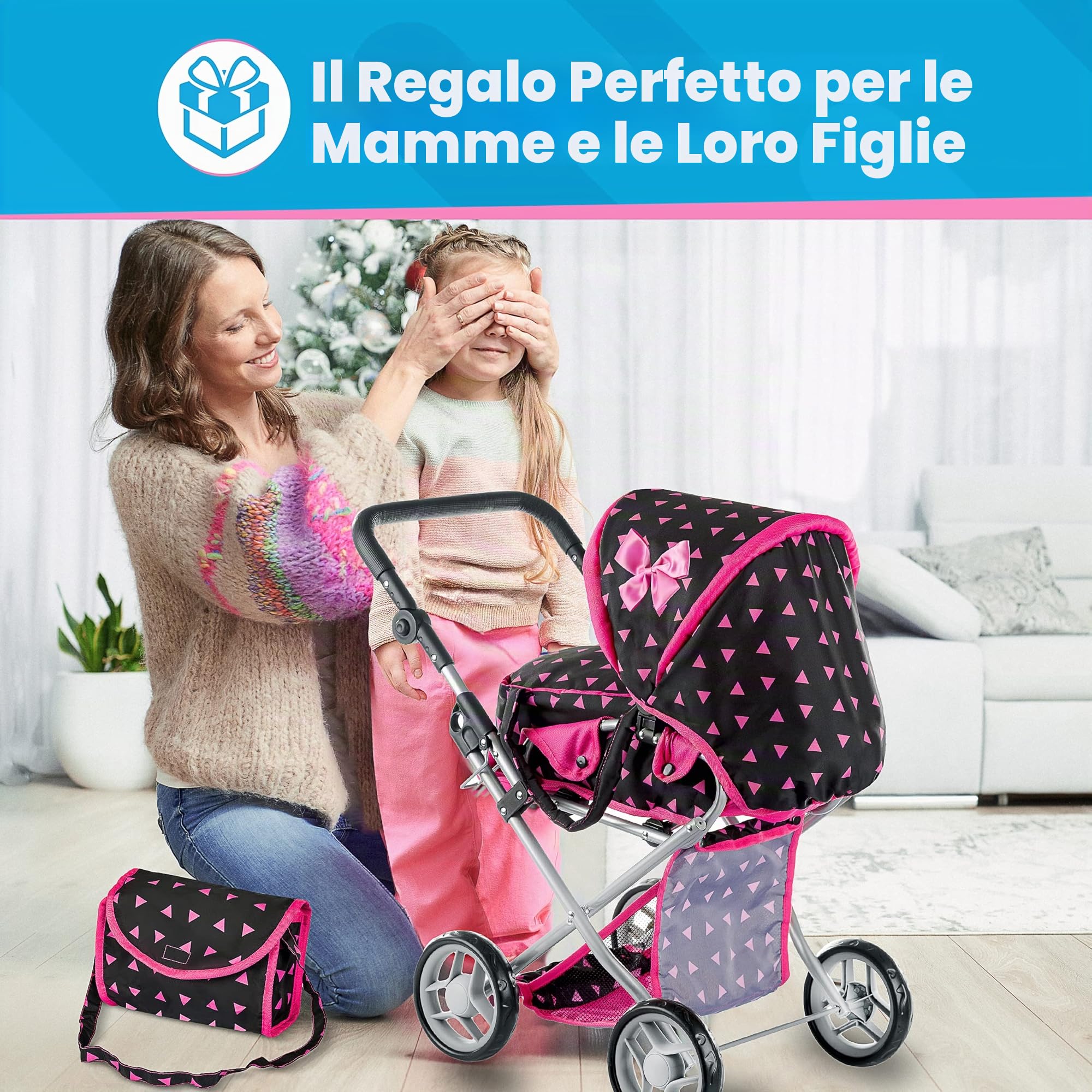 Kinderplay Passeggino per bambole a partire da 1 2 3 anni, giocattolo 3 in 1, per esterni, con borsa per il trasporto rimovibile e borsa a tracolla, regolabile in altezza fino a 62 cm, KP0200R