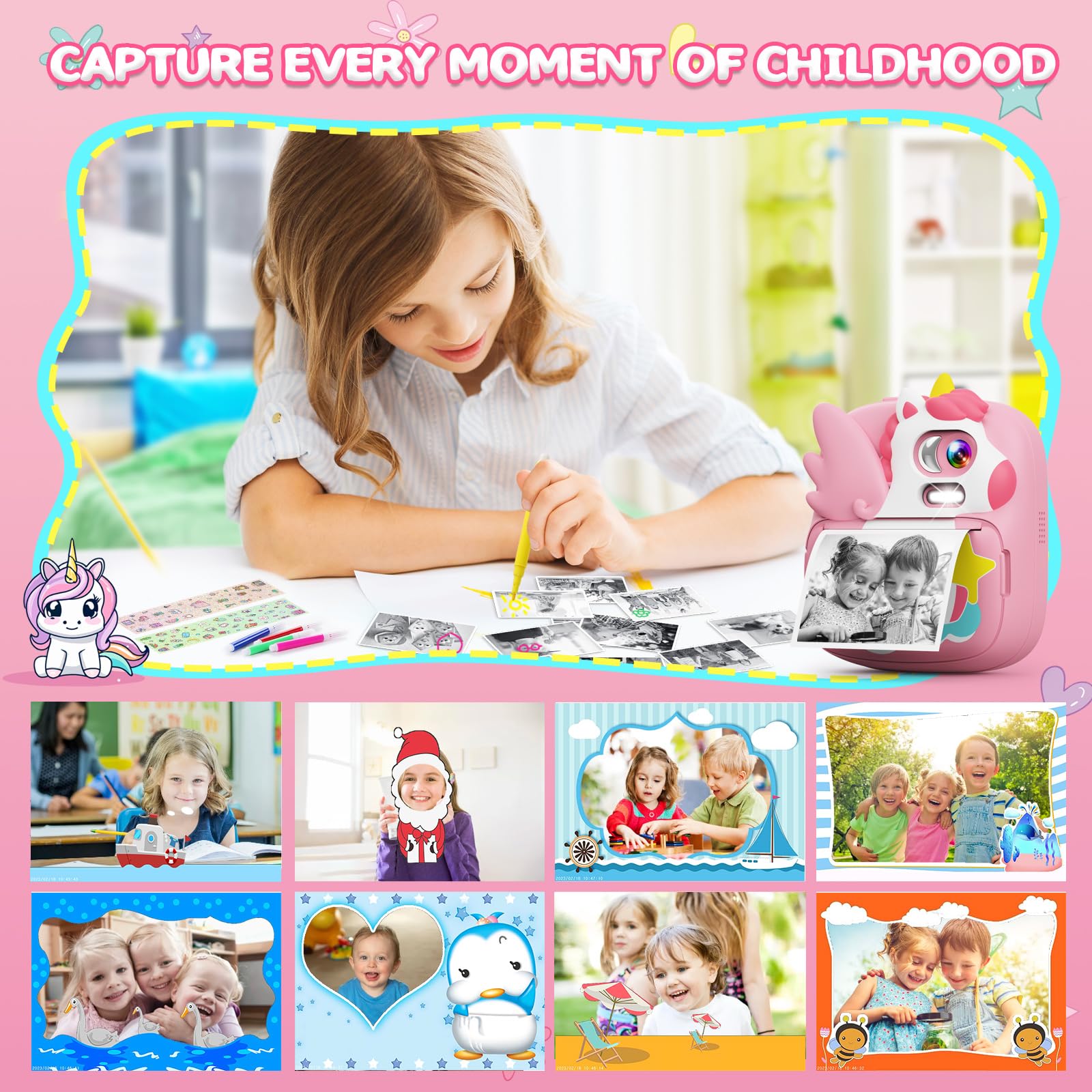 CAMCLID Macchina Fotografica Bambini Istantanea, 2,4 Pollici Digitale Fotocamera Bambini con 32GB TF Scheda e Carta Fotografica per Stampa, Regalo di Natale per Bambini dai 3-12 Anni(Rosa)