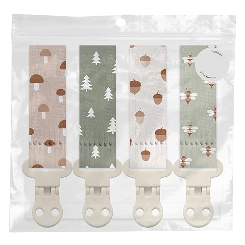 Miniatura 6 de Stadela Baby Pacifier Clip Holder - Girl or Boy Unisex 4 Pack Gift Set – Woodland Mushrooms Bees Neutral Green Beige (Forest)
