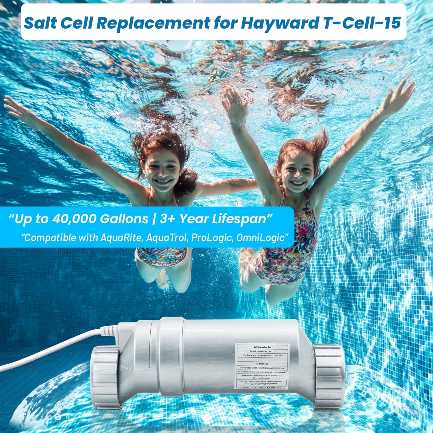 Salt Cell Replacement for Hayward T-Cell-15 – 3+ Year Titanium Core, Cuts Chlorine Costs Up to 56%, Compatible with AquaRite/AquaTrol/ProLogic/AQ-Logic Firmware 1.50+, 40,000 Gallon Pools