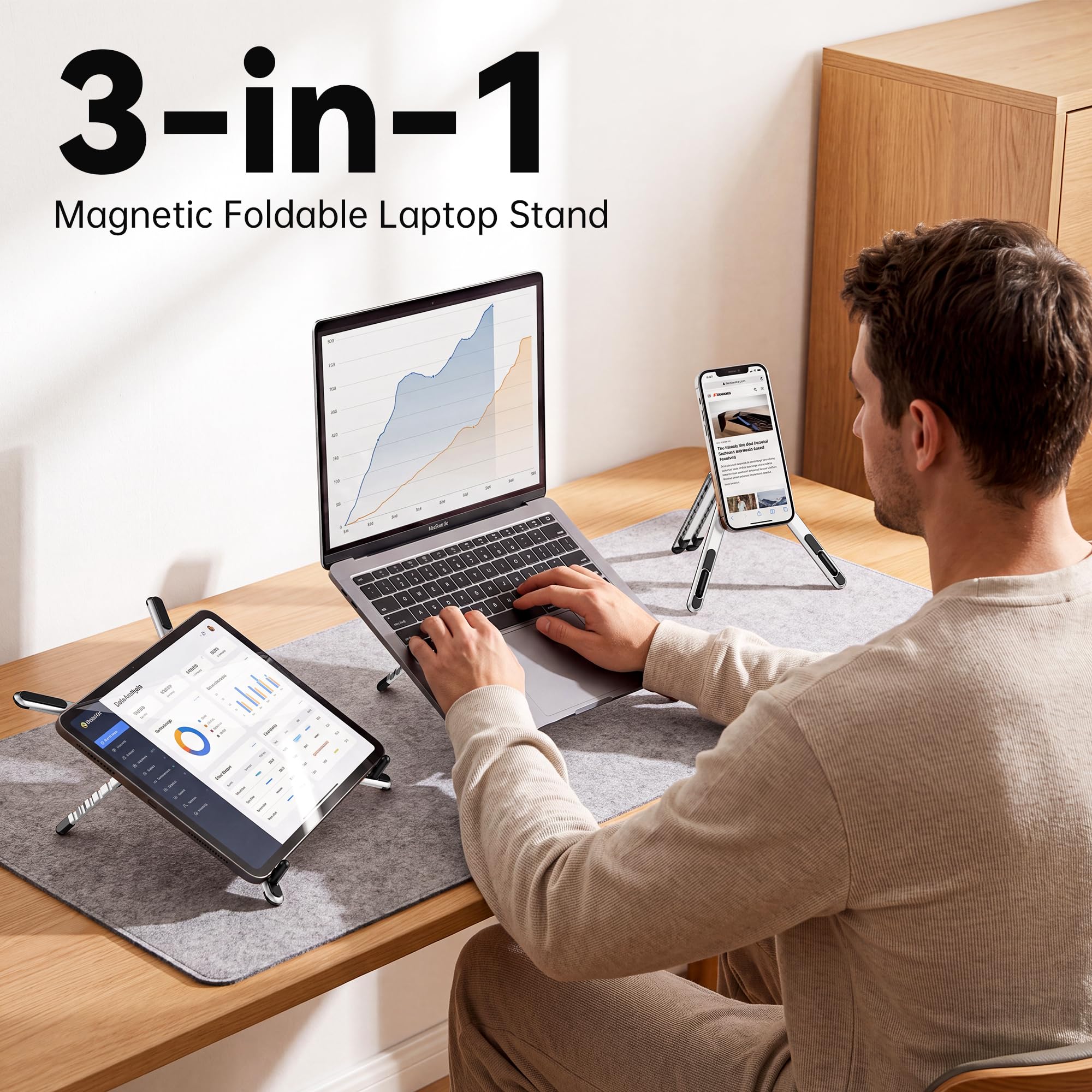 Soporte magnético plegable versátil 3 en 1 para teléfono, tableta y laptop, soporte ergonómico de aleación de aluminio de 8 niveles de altura ajustable para escritorio, soporte portátil para