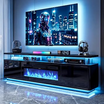 oneinmil 80" Fireplace TV Stand for Living Room, Electric Fireplace Entertainment Center with Dual LED Lights & Storage Cabinets, Fits TVs up to 90", Media Console for Home Office, Black