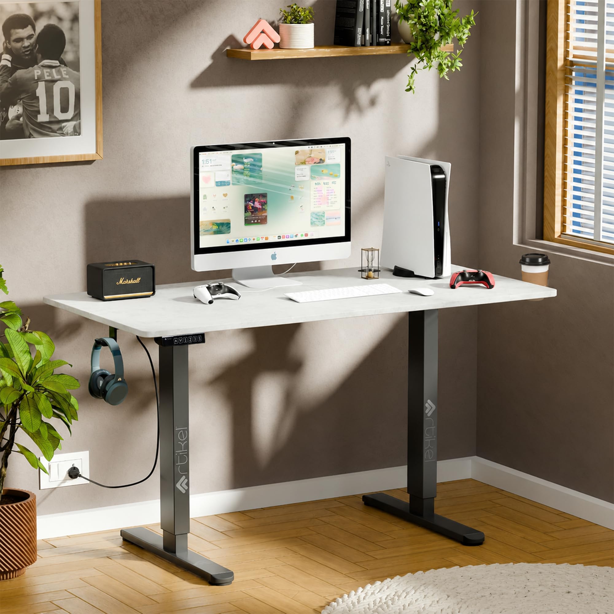 ARTIKEL Artidesk Eco Electric Height Adjustable Table for Office Work & Home-Sit Stand Gaming Desk 80kg Load, Cup Holder, 2 Hooks,Cable Organizer 2Split Tabletop (Rock, Eco - 100x60 CM)
