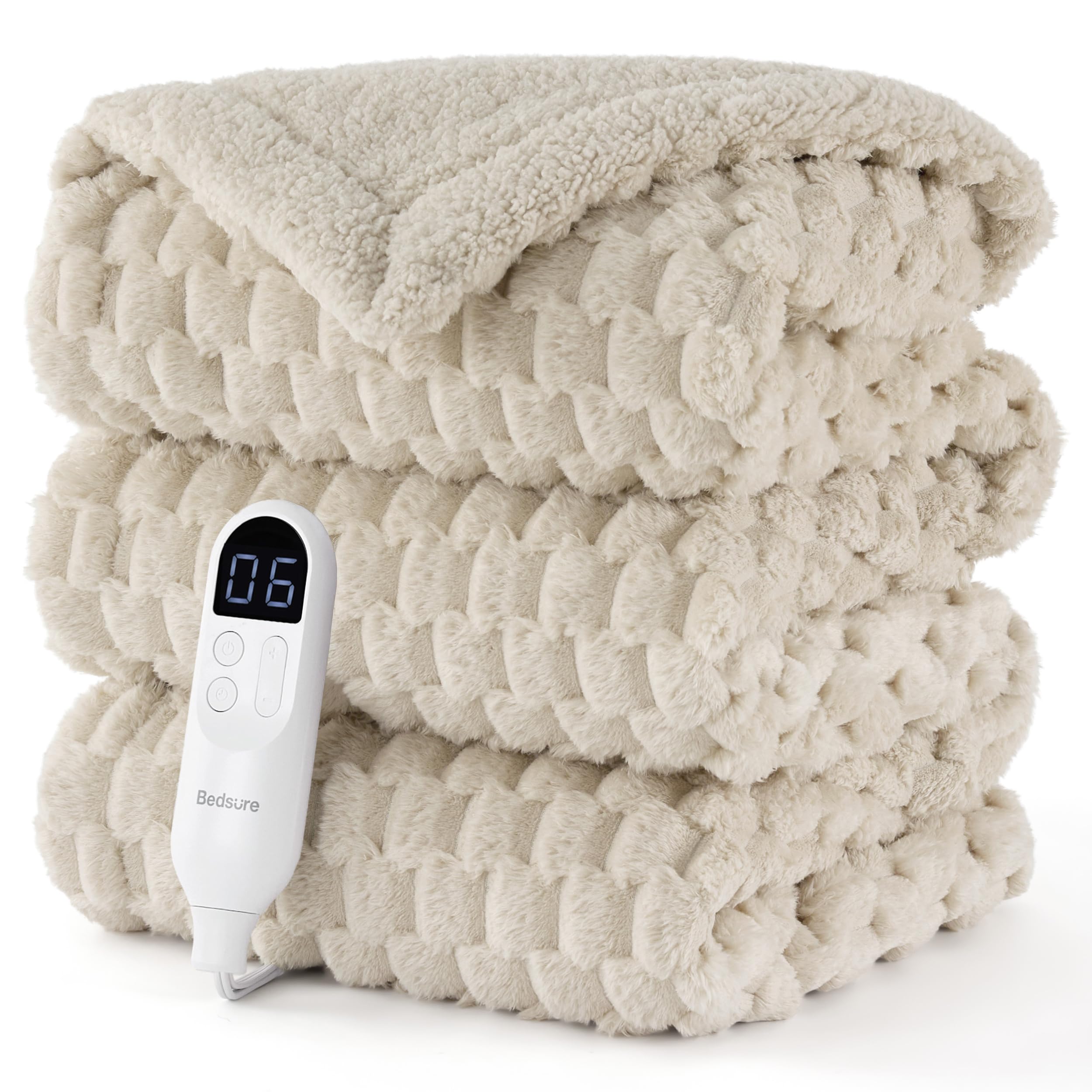 Bedsure Electric Blanket Twin Size - Super Soft Flannel Sherpa Heated Blanket with Bubble Pattern, Heating with 6 Heating Levels, 10 Time Settings, and 8-Hour Auto-Off (Light Brown, 62x84 inches)