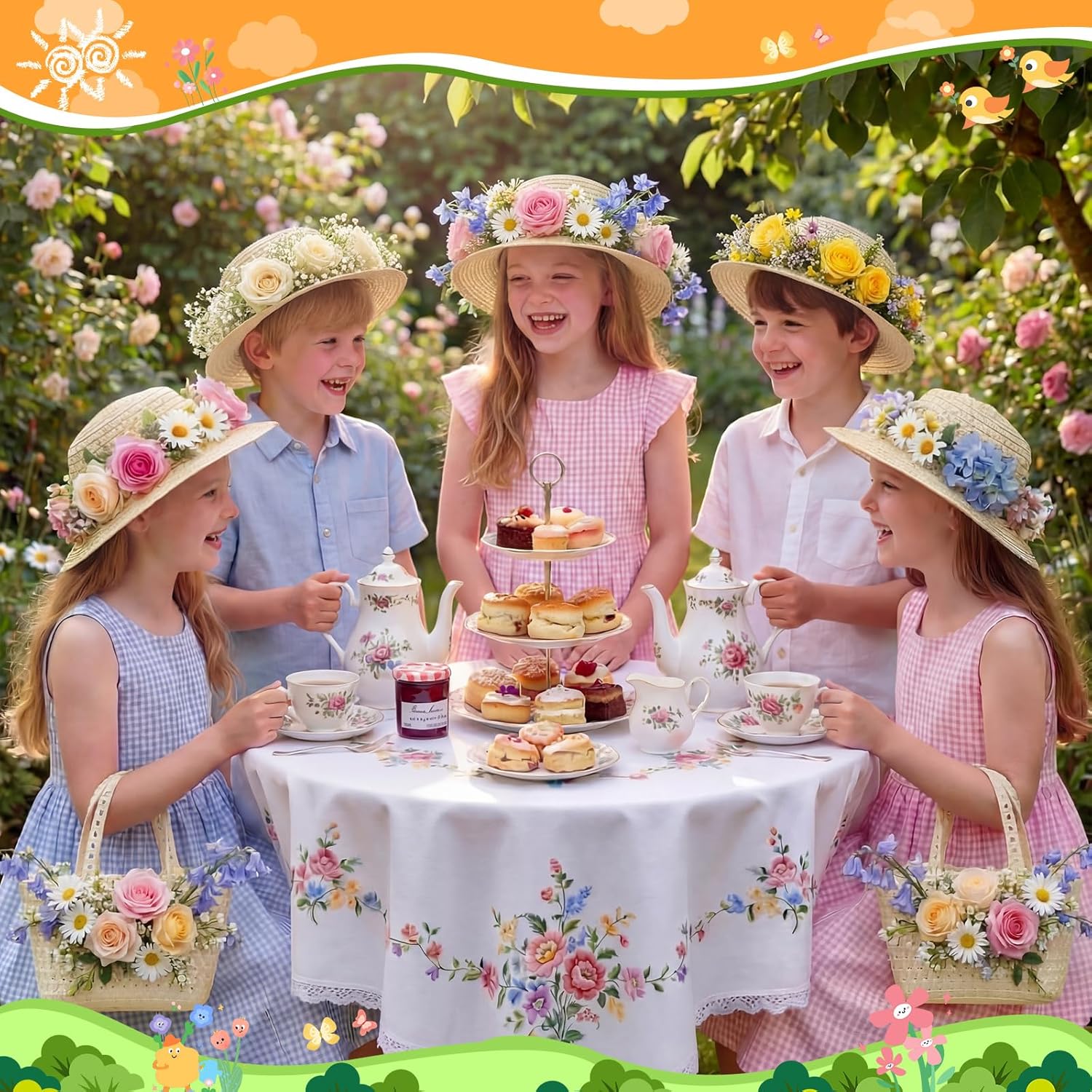 Mepase 12 Sets DIY Straw Hat with Handbag Tea Party Hat and Purse for Kids Girls Beach Summer Cap Birthday Party Travel Gift