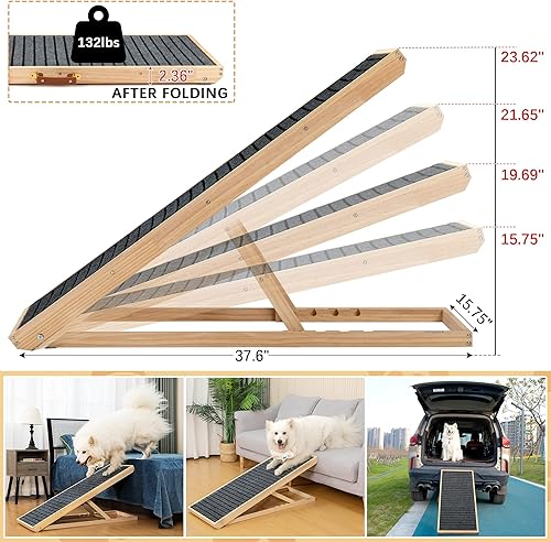 Miniatura 4 de Rampa plegable para perros, 4 niveles, ajustable, de madera, portátil, para gatos, con superficie antideslizante para cama, automóvil, sofá, SUV,