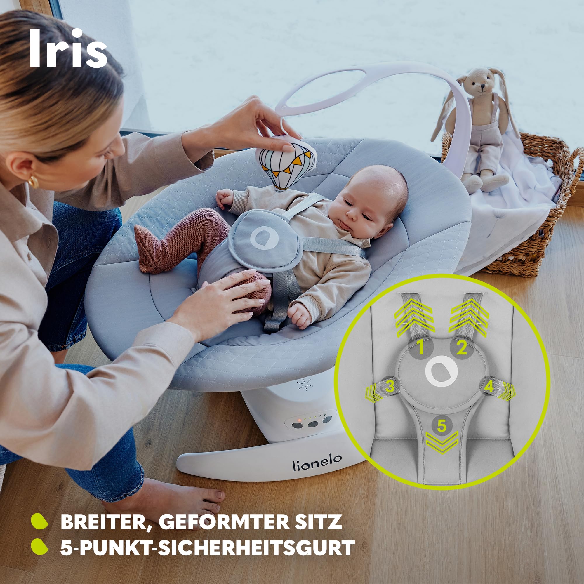 LIONELO Iris Elektrisch Babywippe 360o drehbar für Babys bis zu 9 kg | Verstellbare Rückenlehne, 5 Wiegegeschwindigkeiten Rutschfester Sicherheitsgurt, 12 Melodien Bügel mit Spielzeug Babypflege
