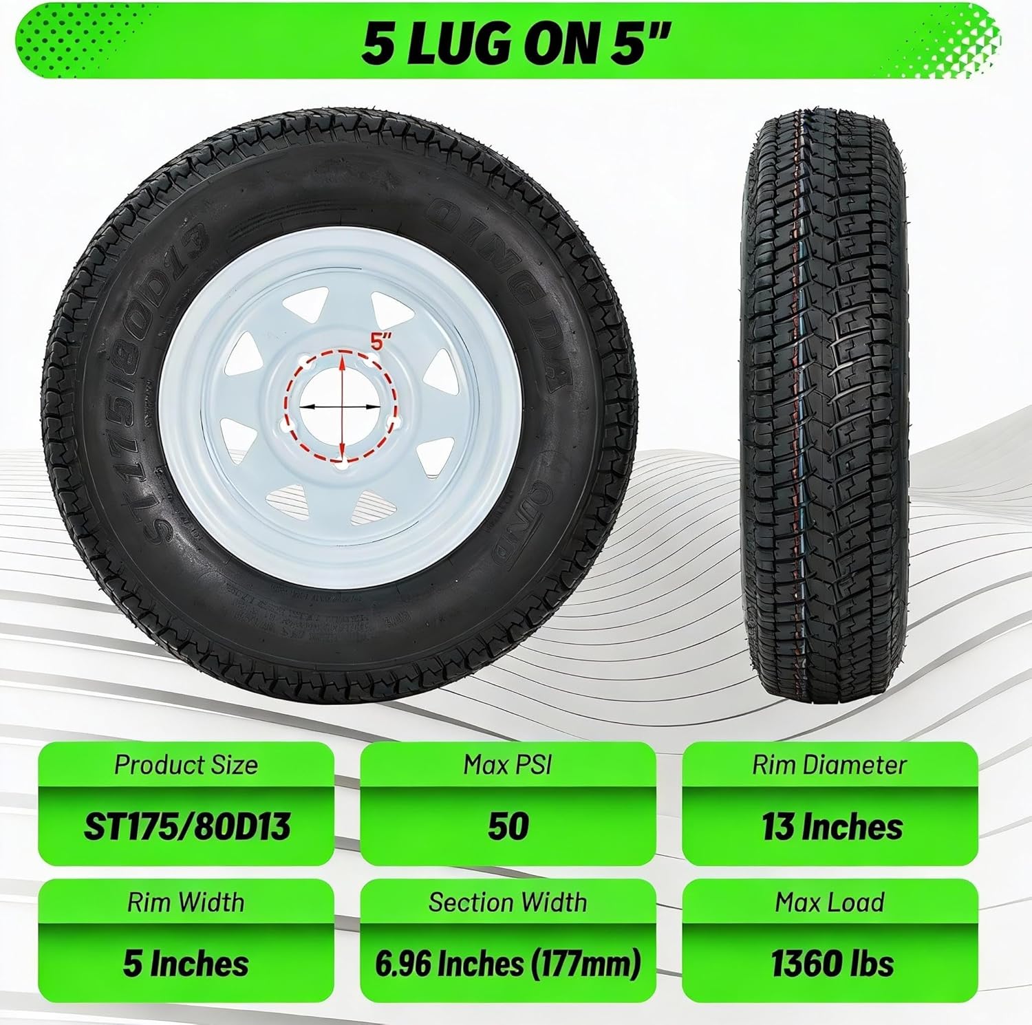 Trailer Tires Rims ST175/80D13 175 80 13 Tire, 5 Lug on 4.5", White Spoke Wheel Load Range C, 6 PLY, Set of 2