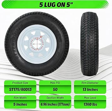 Trailer Tires Rims ST175/80D13 175 80 13 Tire, 5 Lug on 4.5, White Spoke Wheel Load Range C, 6 PLY, Set of 2