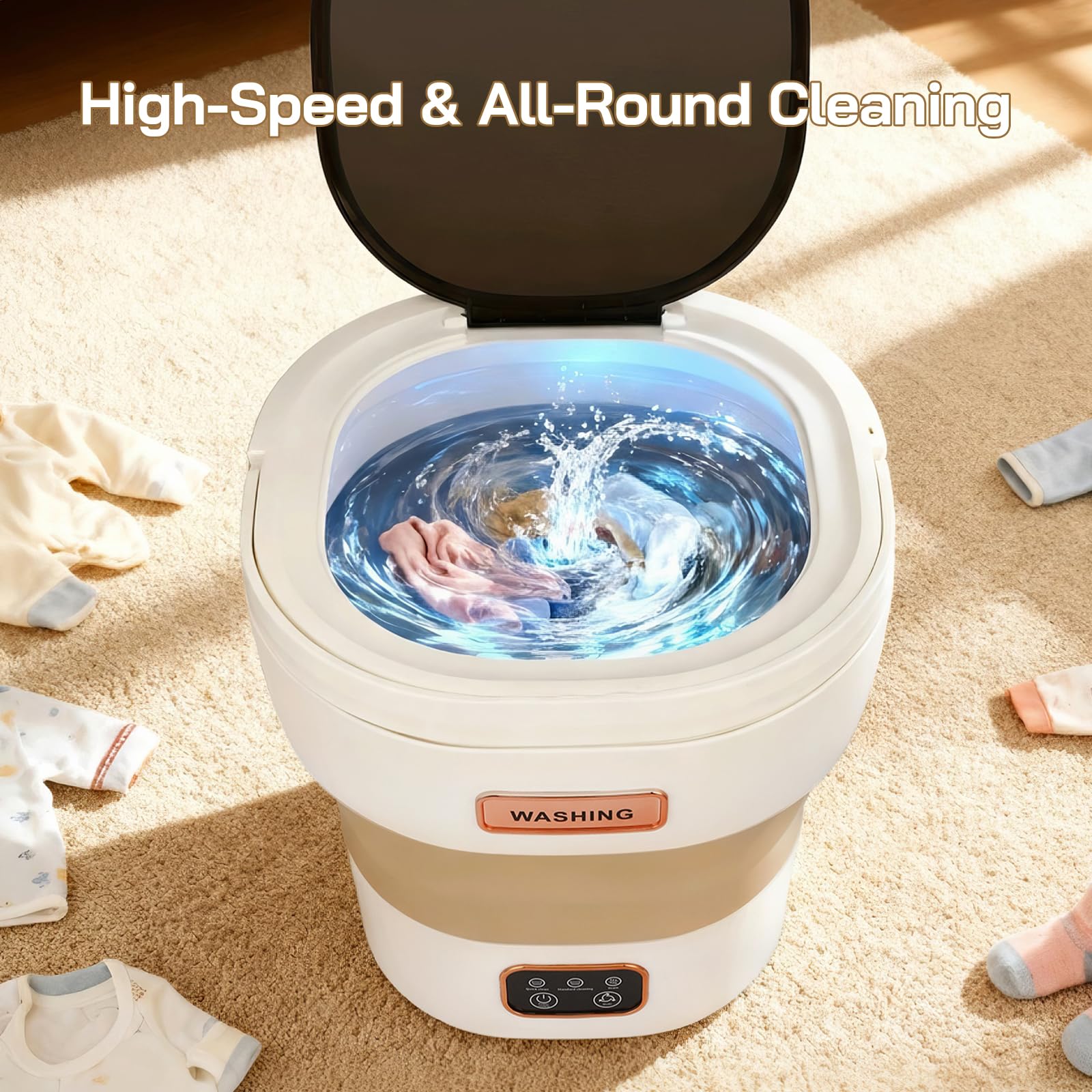 Faltbare Mini-Waschmaschine, 15L Tragbare Waschmaschine mit 3 Reinigungsmodi, Automatische Portable Waschmaschine für Wohnung, Reisen, Babykleidung, Energieeffizient & Leise