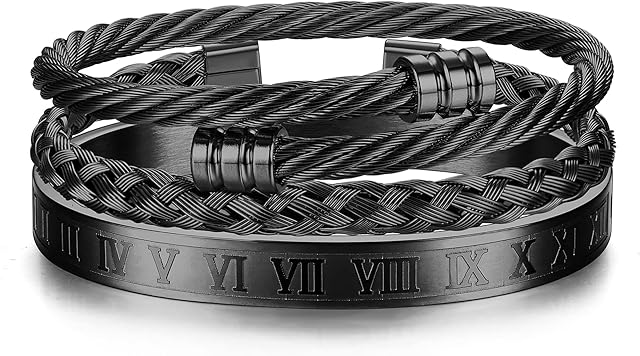 JeweBella 3PCS Bangle Bracelets for Men Stainless Steel Luxury Roman Numeral Bangle Bracelet Adjustable Cuff Bracelet Set Silver/Gold/Black