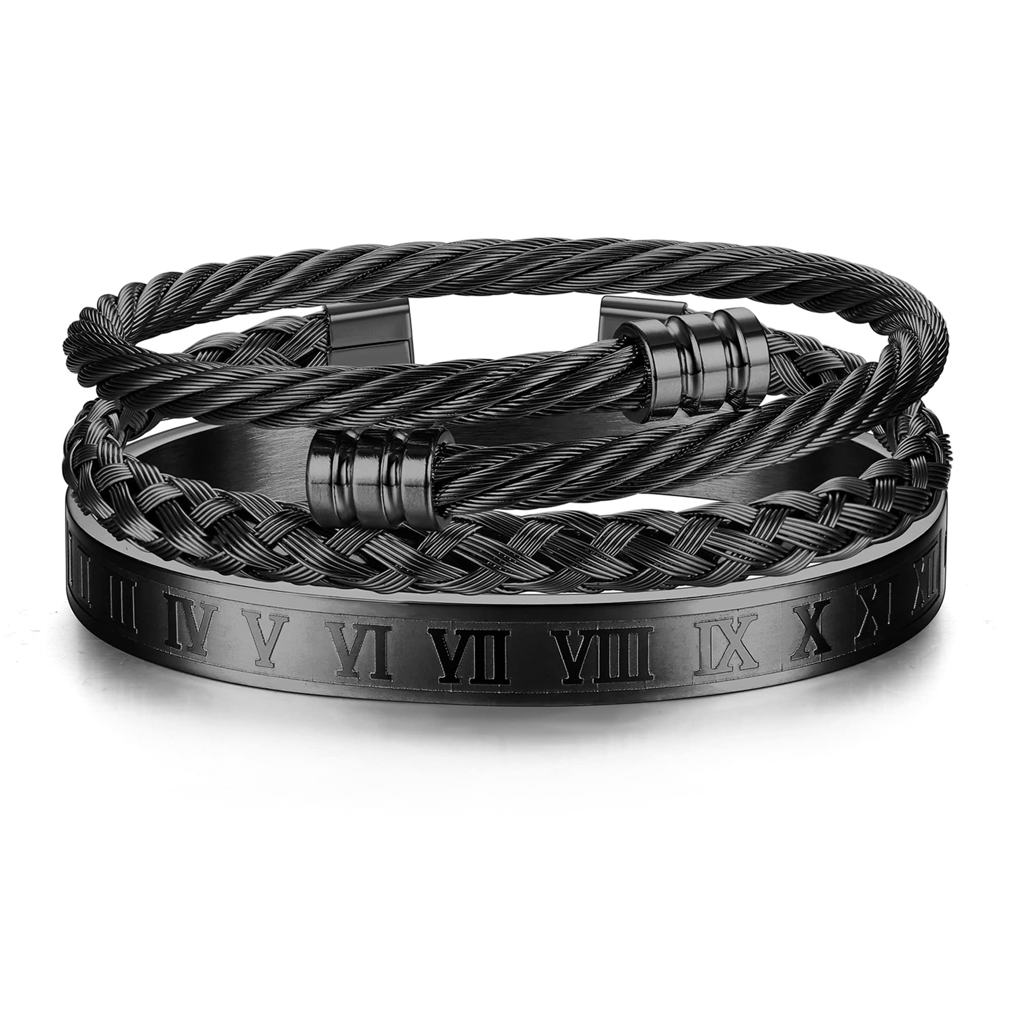 Stainless Steel Roman Numeral Mens Bracelet JeweBella3PCS Bangle
