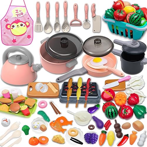 Accesorios de juguete de cocina para niños, juego de cocina de simulación, ollas, sartenes, utensilios de cocina, alimentos, frutas, verduras, cesta