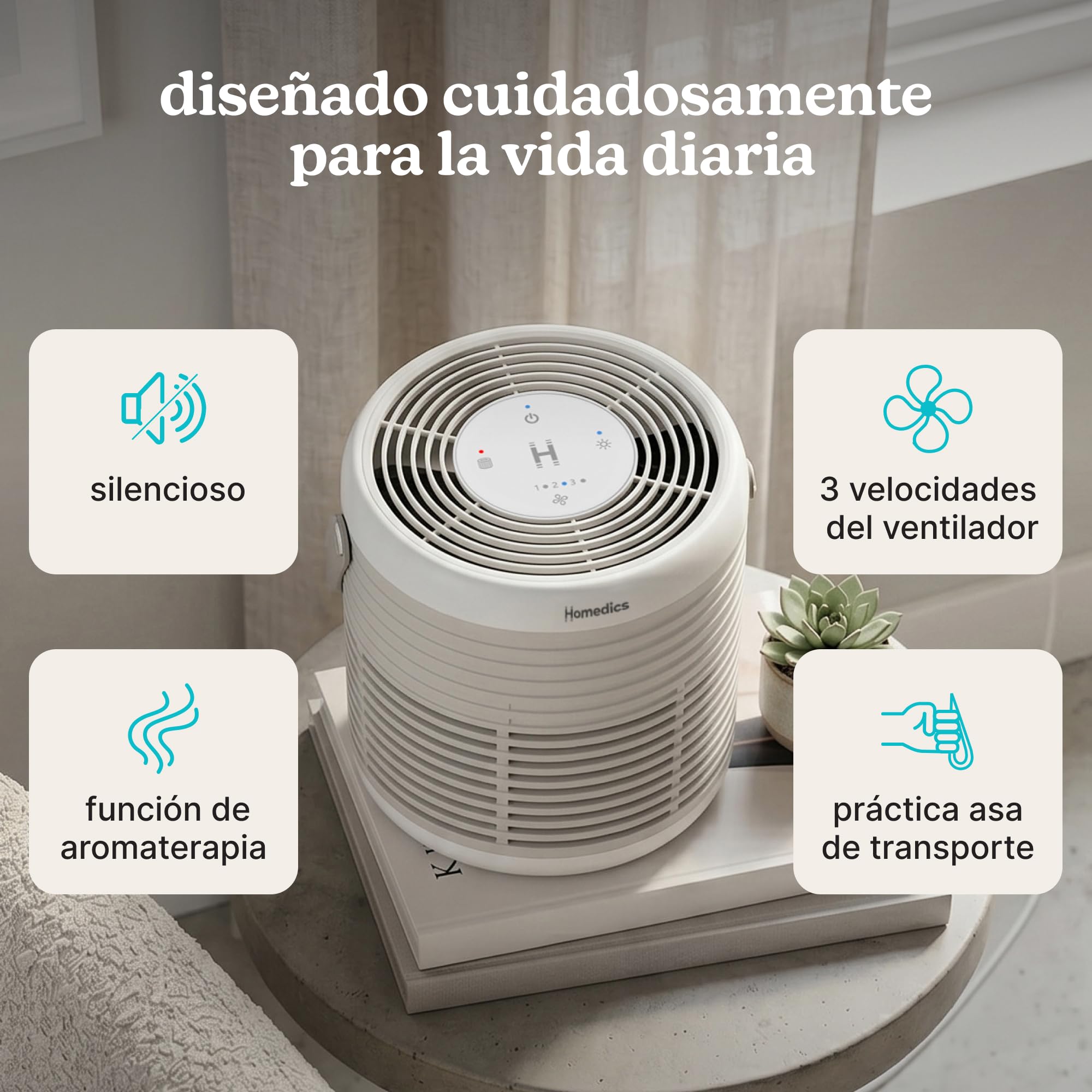 Homedics WhisperPure Comfort Purificador de Aire, True HEPA, Piedra | Silencioso, Portátil, Filtros con Filtración 3 en 1 contra Polvo, Polen y Olores, 3 Velocidades, Hogar y Oficina