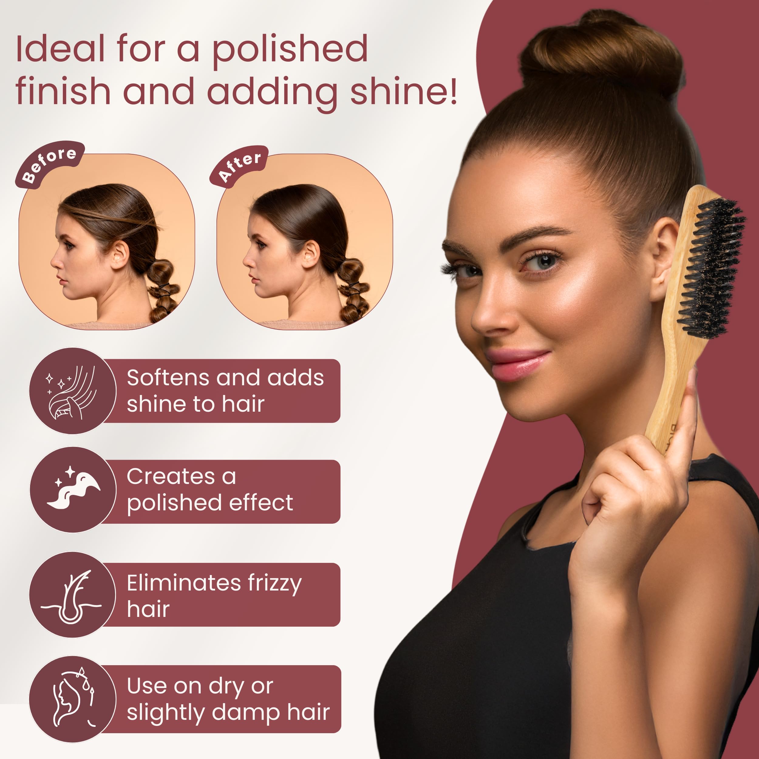 BICTIVE® Slick Back Hair Brush. Boar Bristle Brush, 100% Natural Bristles for Styling and Smoothing, Anti-Breakage - Image 3