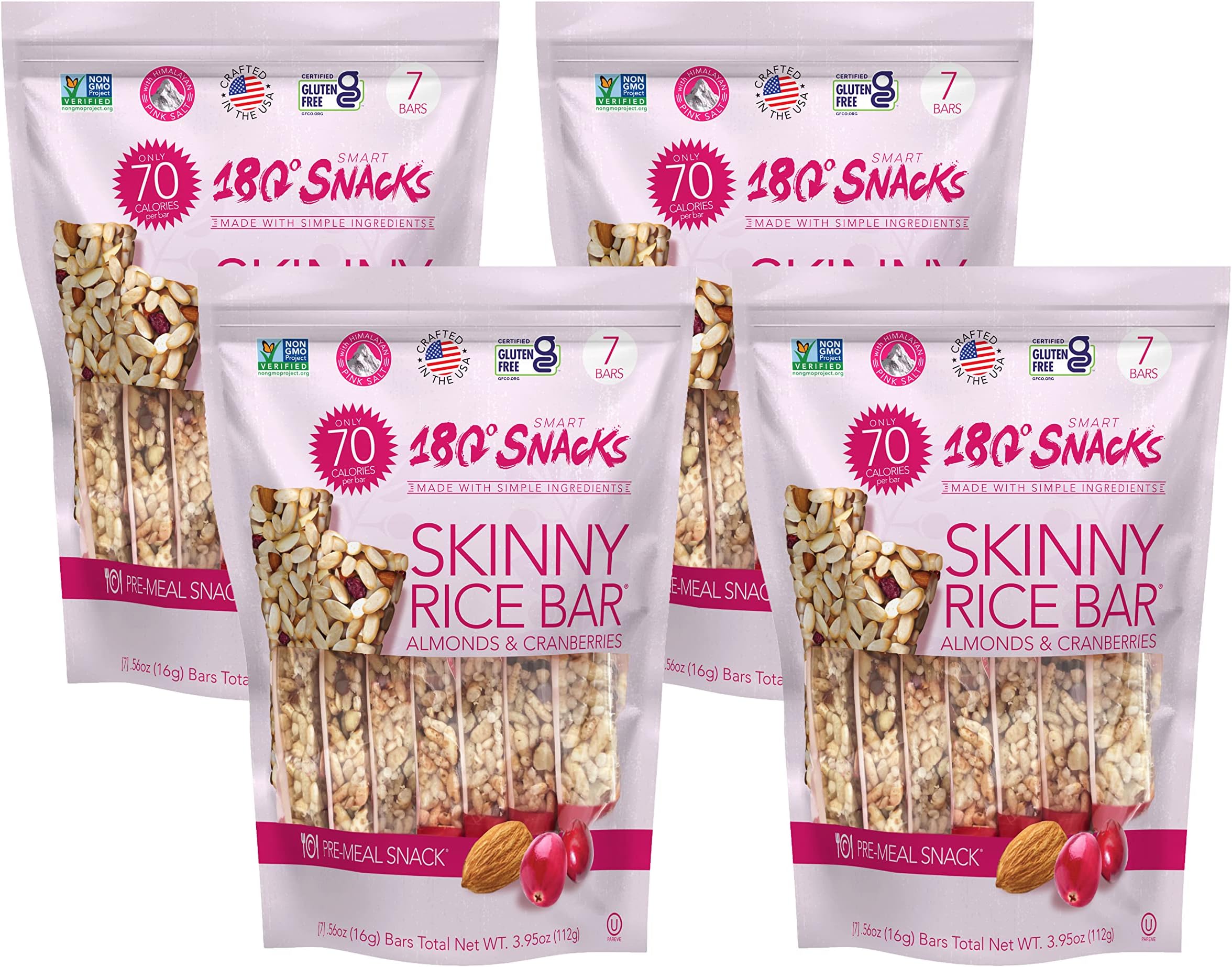180 Snacks Skinny Rice Bars with Almonds and Himalayan Salt - Low Calorie Snacks, Only 70 Calories - Non GMO, Dairy-free, Gluten-free Snacks - EBT Eligible Snacks for Weight Loss - 7 count (Cranberry, 4 Pack)