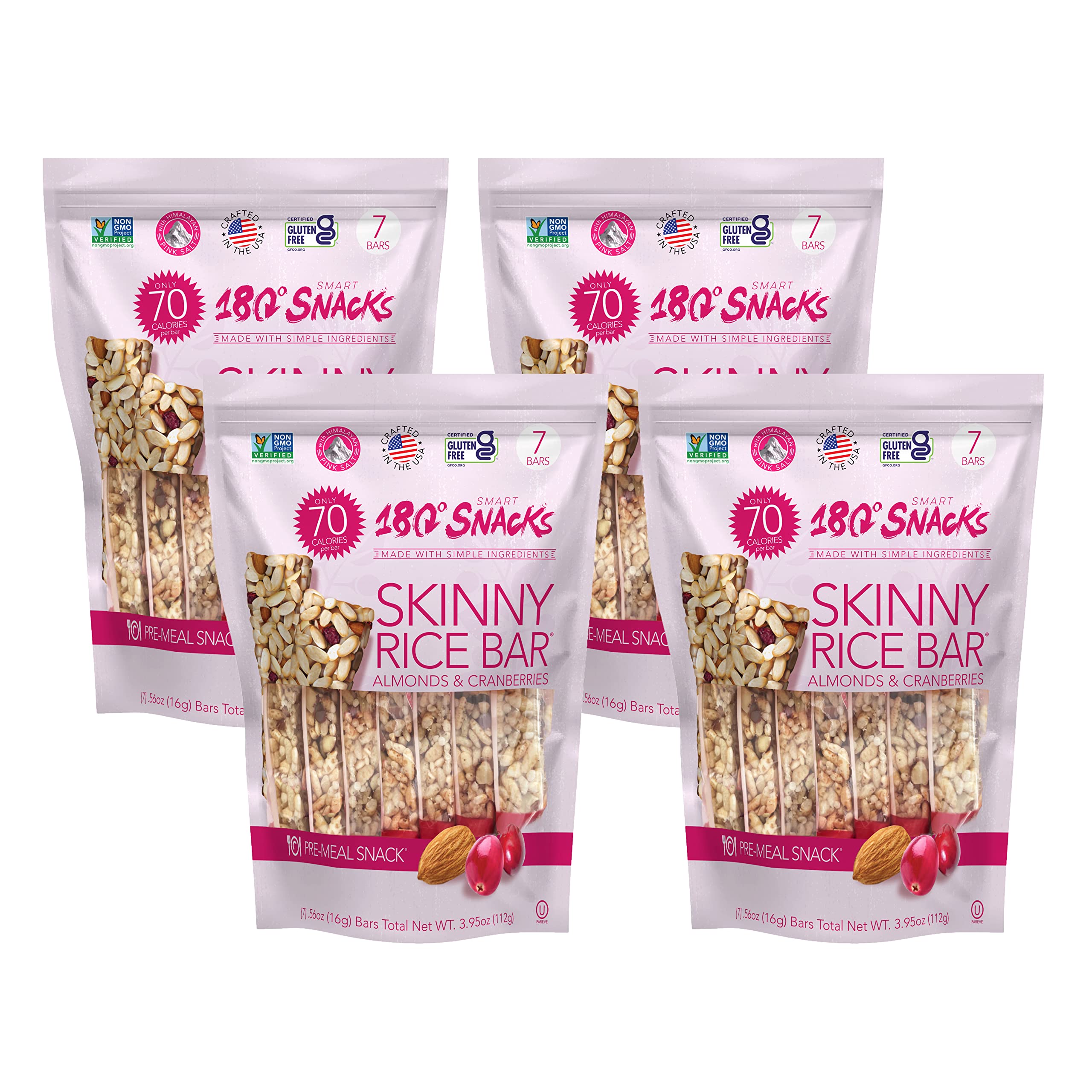 180 Snacks Skinny Rice Bars with Almonds and Himalayan Salt - Low Calorie Snacks, Only 70 Calories - Non GMO, Dairy-free, Gluten-free Snacks - EBT Eligible Snacks for Weight Loss - 7 count (Cranberry, 4 Pack)
