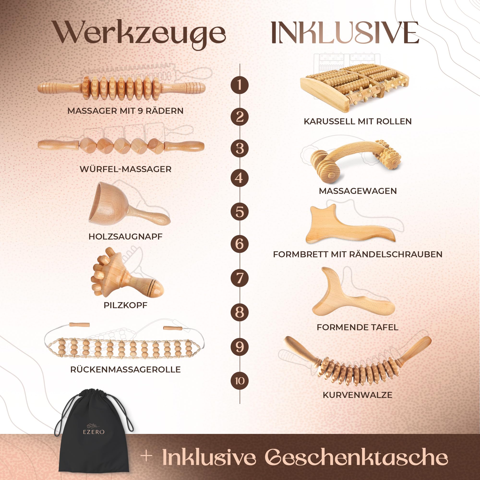 Ezero Maderotherapie Set 10 Stück mit Tasche und Anleitung - Maderotherapie Holz mit Faszienstab Holz - Massage Set mit Massageroller Beine, Faszienrolle, Body Gua Sha und Madero Massage