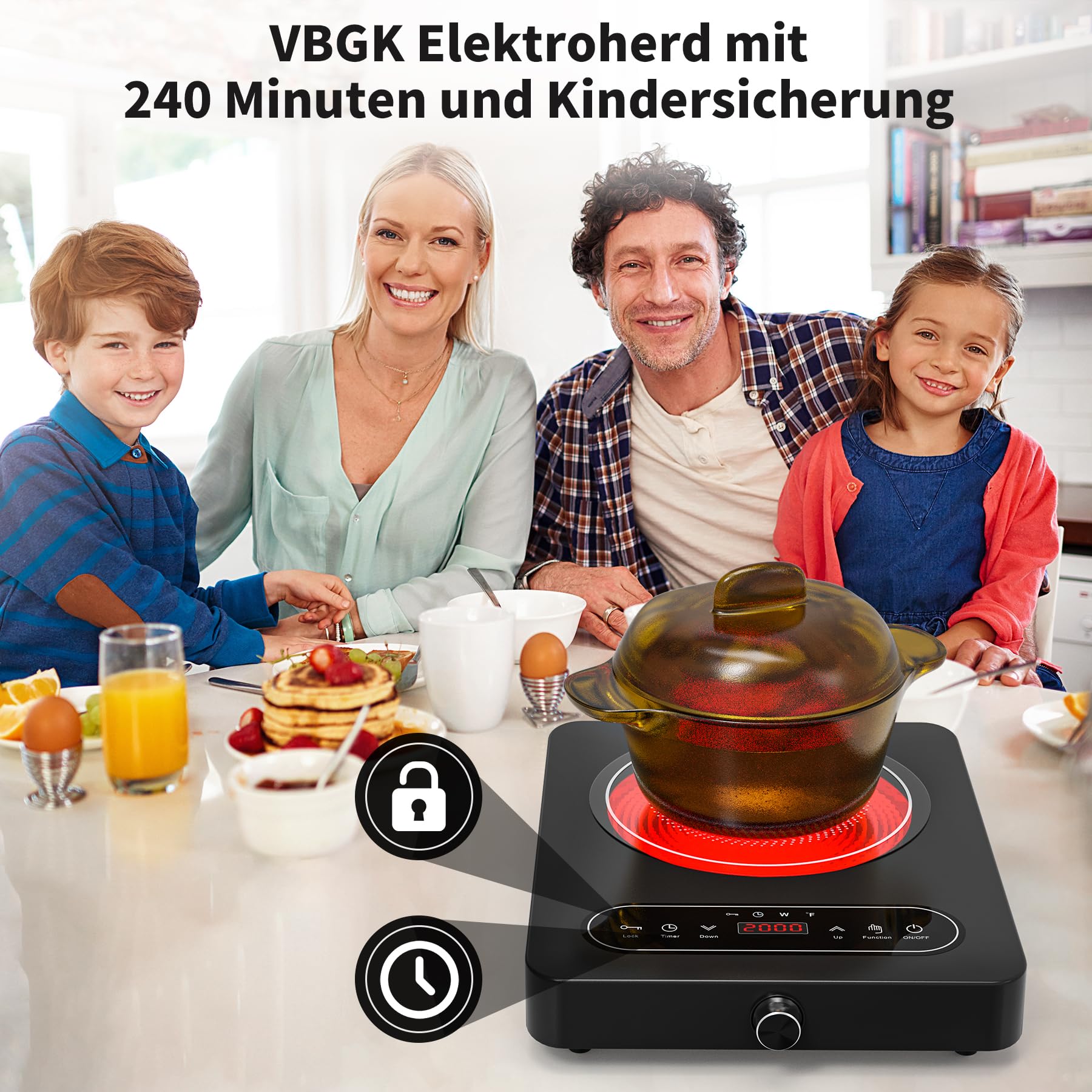 VBGK Glaskeramik Kochfeld 1 Platte, 220V, 2000W, Kochfeld mit LED-Touch-Bedienelementen und Drehreglern, 10 Leistungsstufen, 4-Stunden-Timer, Sicherheitsverriegelung Herdplatte mit Stecker