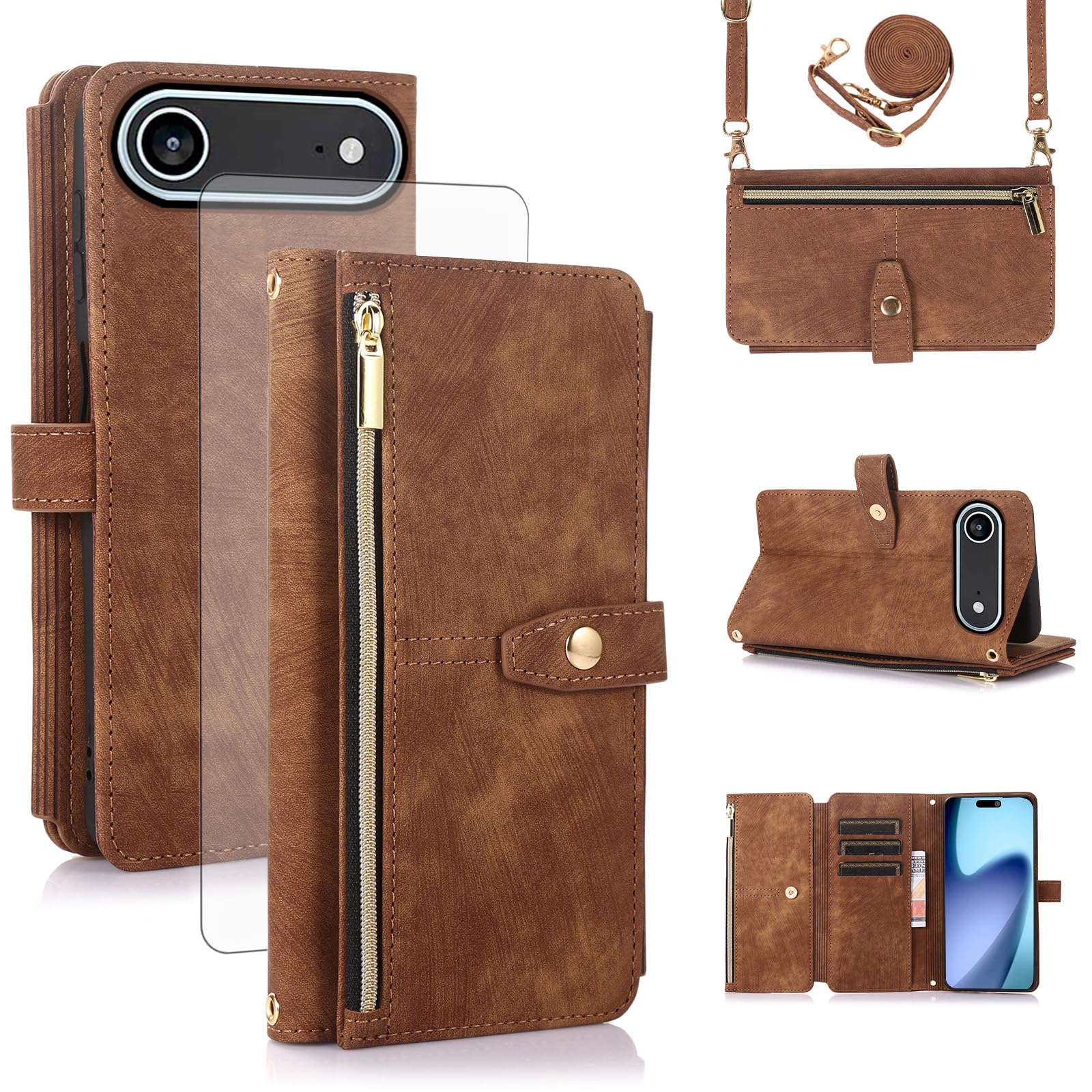 Asuwish Handyhülle für iPhone 17 Air Hülle mit Band Folie Schutzfolie Kartenfach Klappbar Leder Geldbörse Ständer i Phone17 17Air Airhülle Handy Hüllen Schutzhülle Phone Case Braun