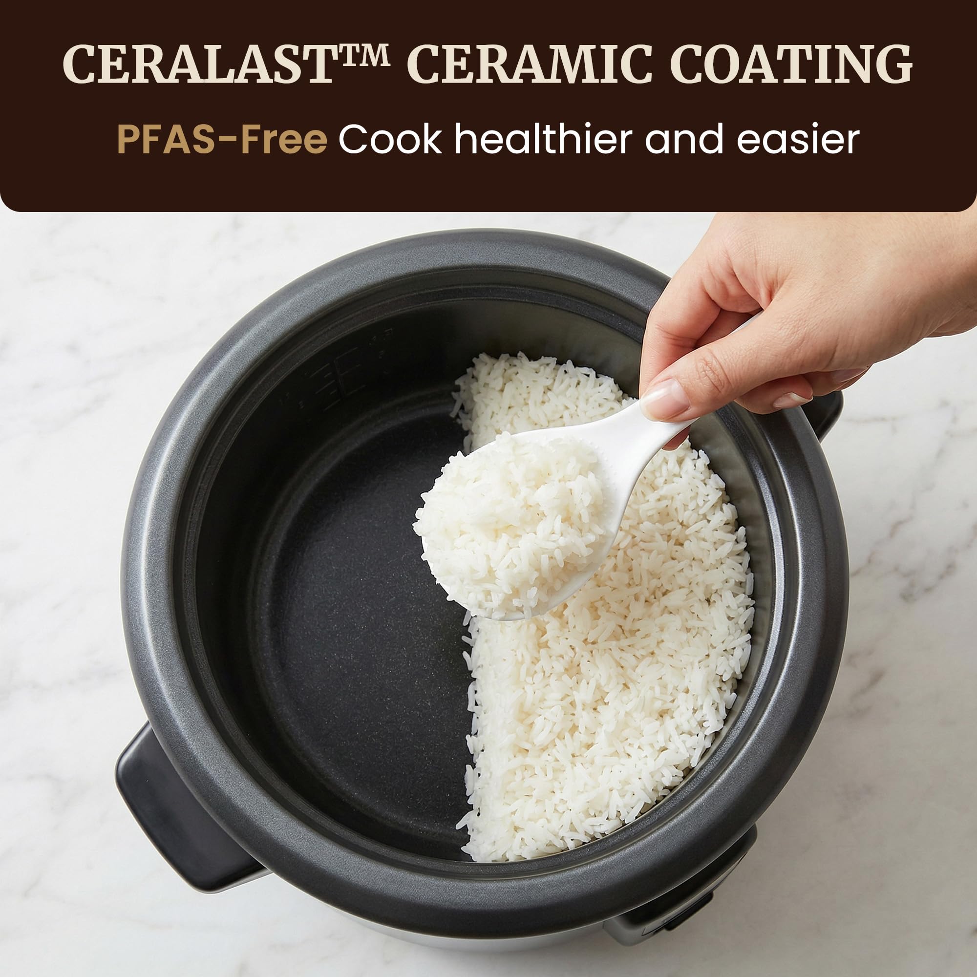 Elite Gourmet ERC6GC - Arrocera de cerámica de 6 tazas, olla interior antiadherente Ceralast™ sin PFAS, mantiene el calor automático, tapa de vidrio templado, cocina con un solo toque, taza medidora y