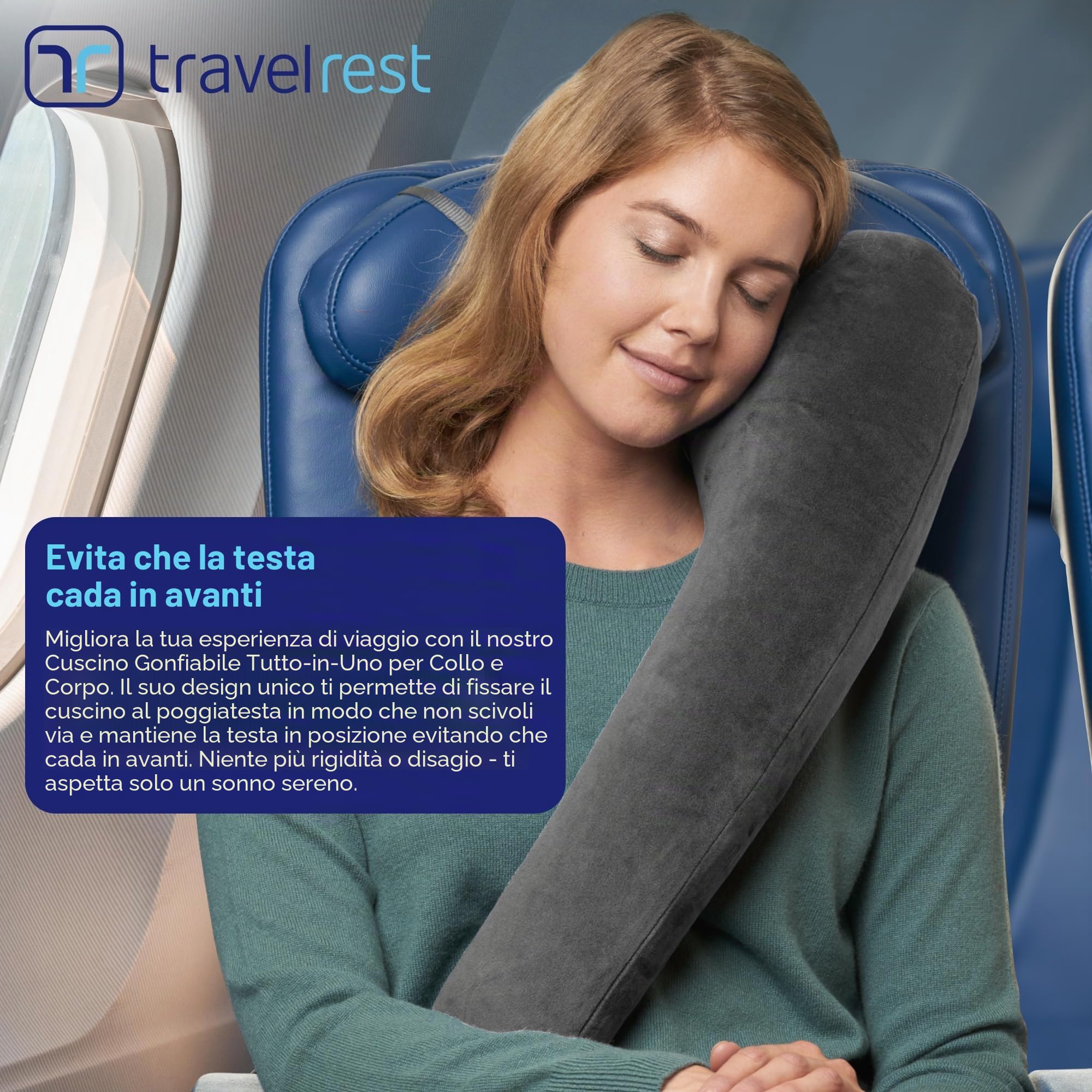 TRAVELREST All-in-One Cuscino da Viaggio Verticale Pieghevole Lavabile Leggero con Cintura – Gonfiabile, Sostiene Testa e Collo Per Viaggio in Aereo, Treno, Pullman – Innovativo Design Ergonomico