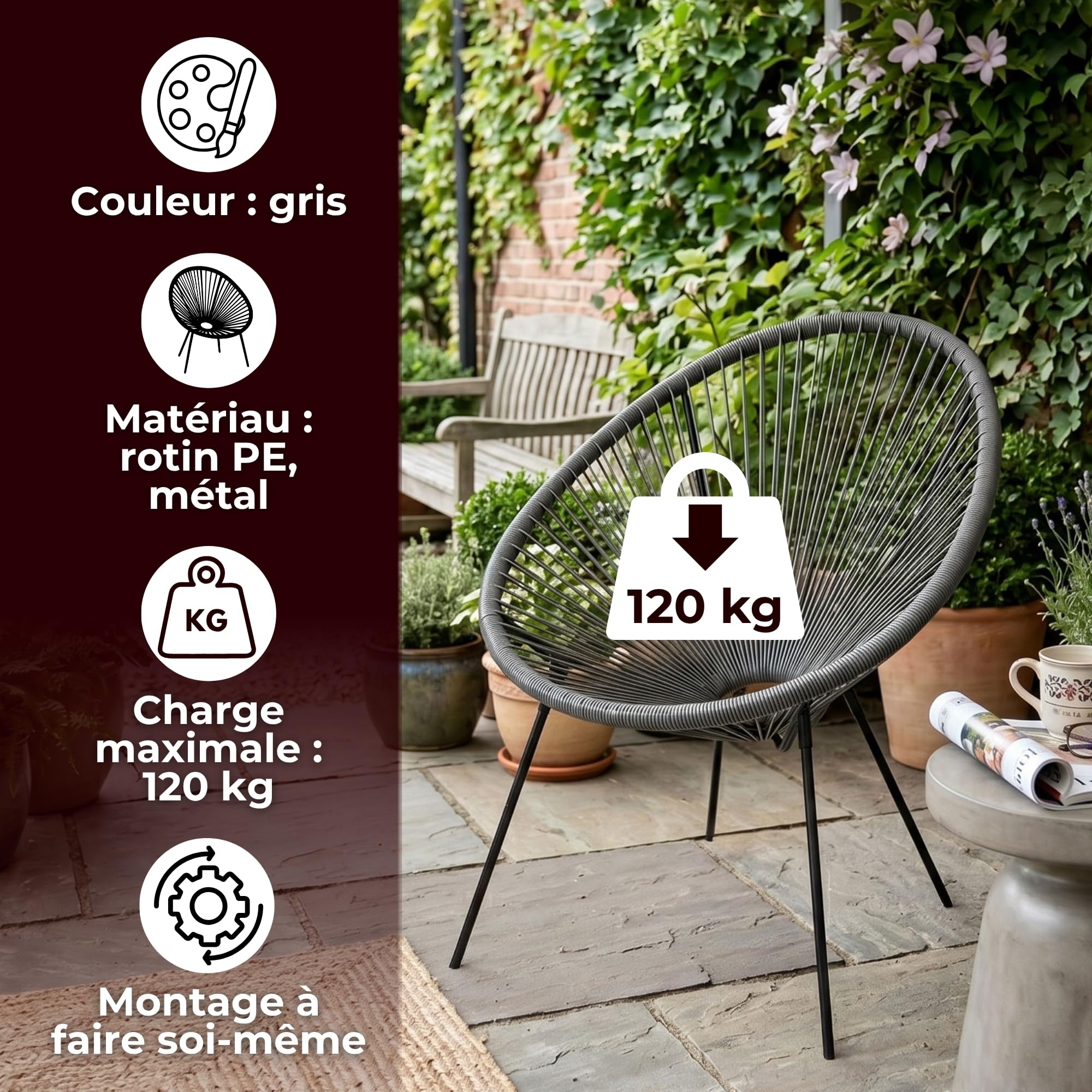 SPRINGOS Chaise de Jardin Acapulco Gris 73x40,5x87 cm – Fauteuil en Rotin PE avec Pieds Métalliques, Siège Confortable pour Salon, Balcon ou Terrasse
