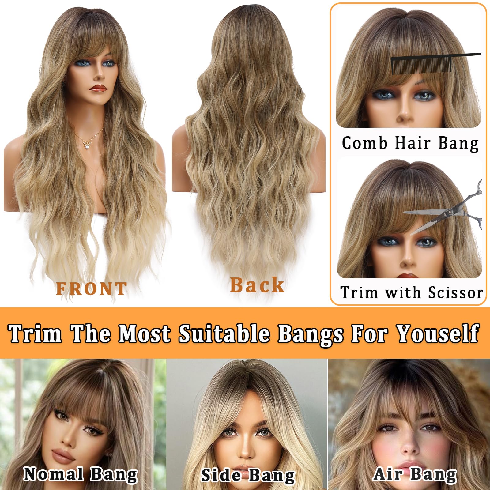 Vomella 26 Inch Long Wavy Synthetic Wig with Bangs