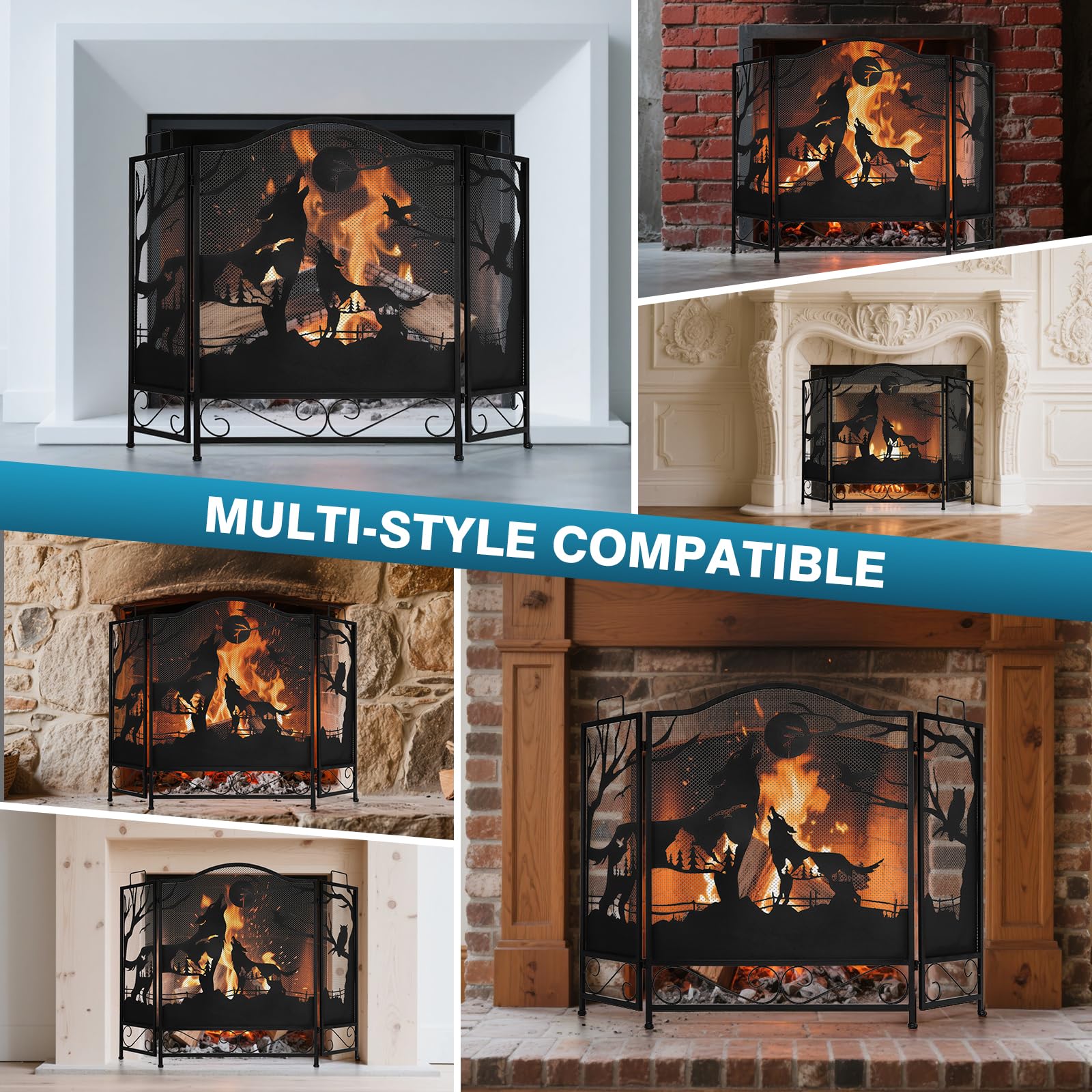 IRONWALLS Paravento per camino a 3 pannelli con lupi, 121,9 x 81,3 cm (lunghezza x altezza), in ferro battuto, pieghevole, decorativo, ad arco, parascintille, rete nera, recinzione per cancello del