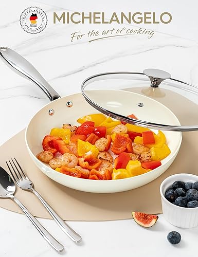 Miniatura 6 de MICHELANGELO Sartén de 10 pulgadas con tapa, sartén antiadherente con revestimiento de cerámica, sartén compatible con inducción, sin PFAS ni PFOA,