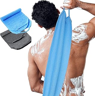 Back Scrubber for Shower Exfoliating Washcloth Back Cloth Body Extended Length Scrubber Towel Nylon Exfoliating Stretchable Pull Strap Wash Cloth for Bath Body Scrub Washcloth 2 Pack (Gray,Blue)