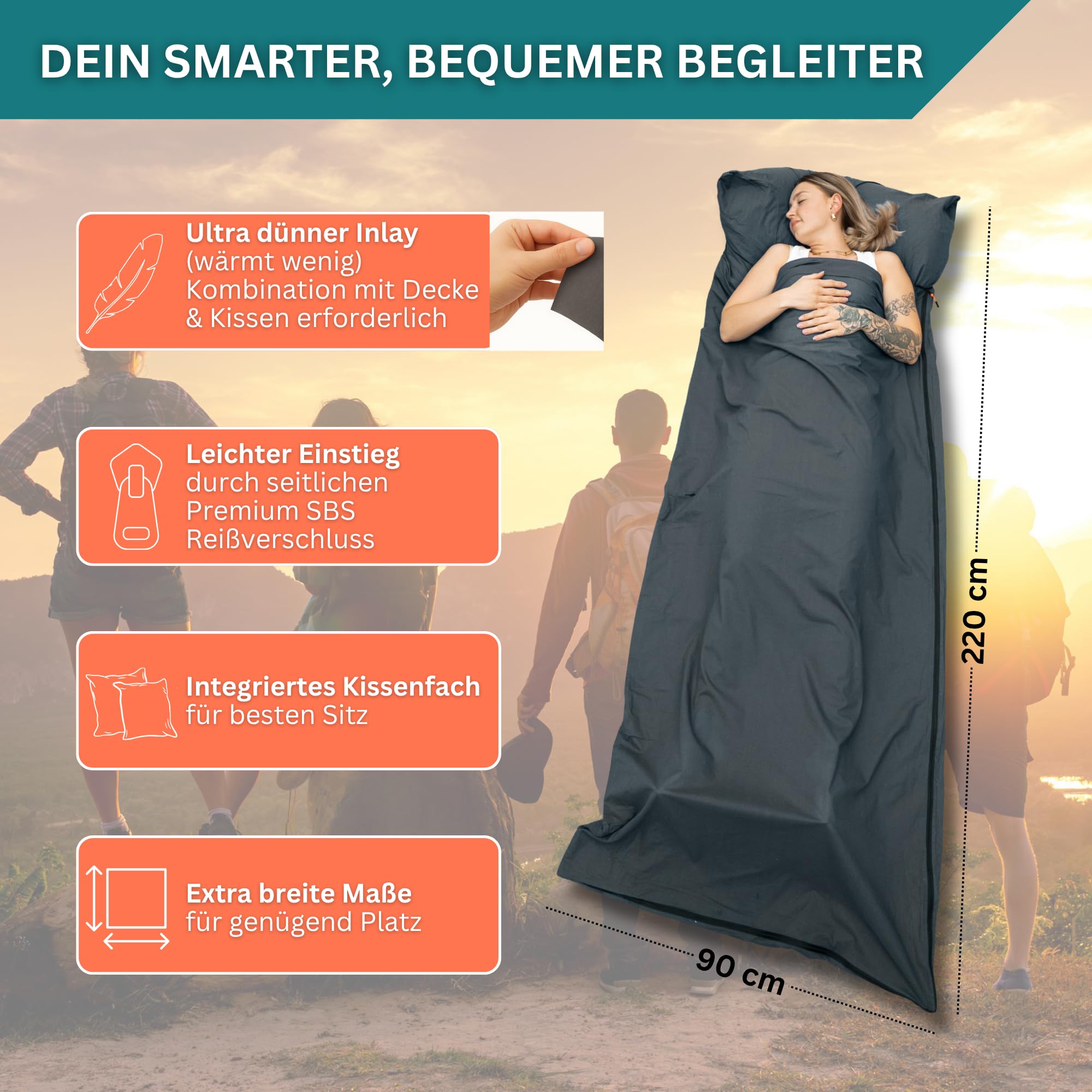 Hüttenschlafsack Baumwolle Ultraleicht atmungsaktiv, Reiseschlafsack mit Kissenfach, grau