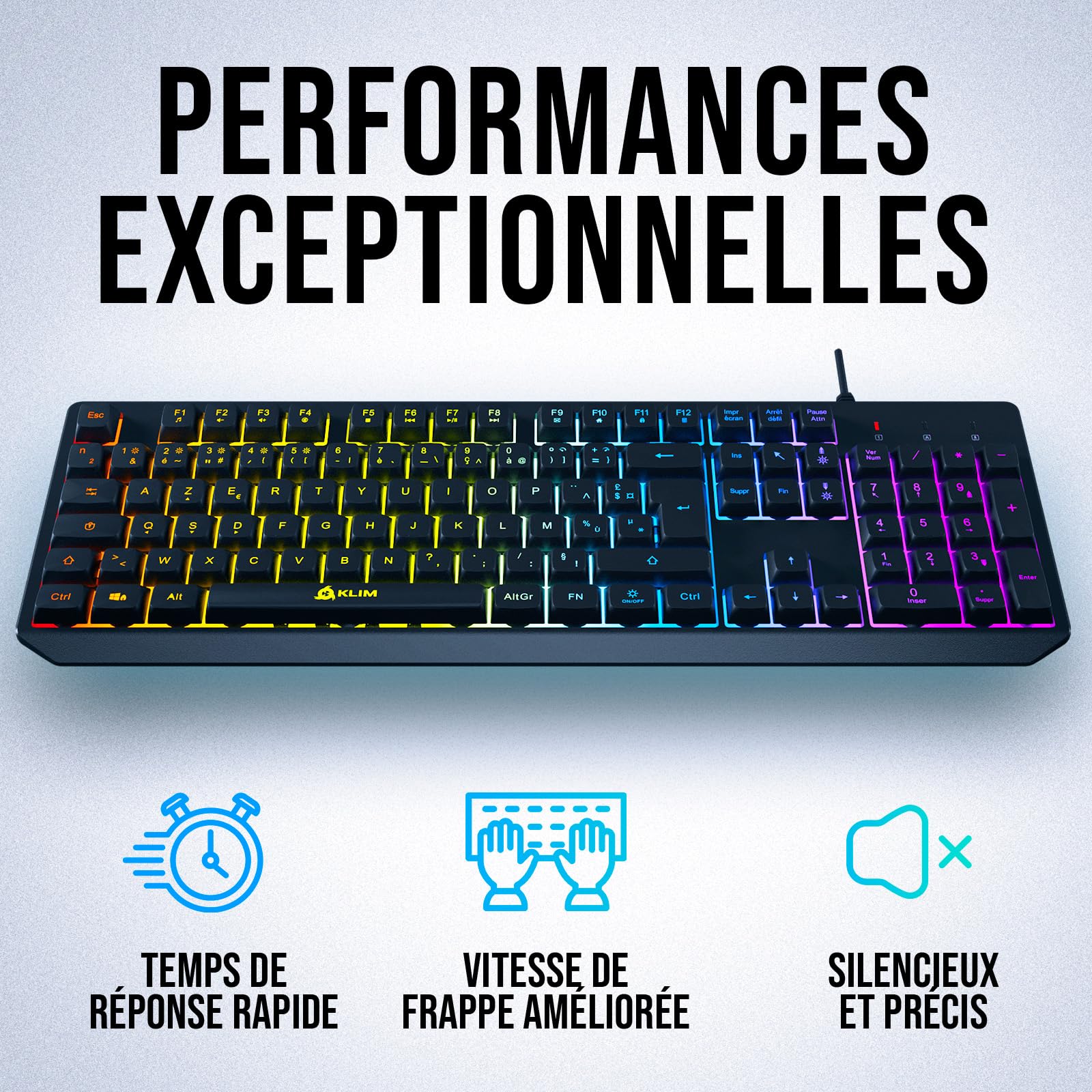 KLIM Chroma Clavier Gamer AZERTY FR - Nouveauté - Silencieux USB - Clavier Filaire Rétroéclairé LED - PC Gaming PS4 PS5 Mac - Noir