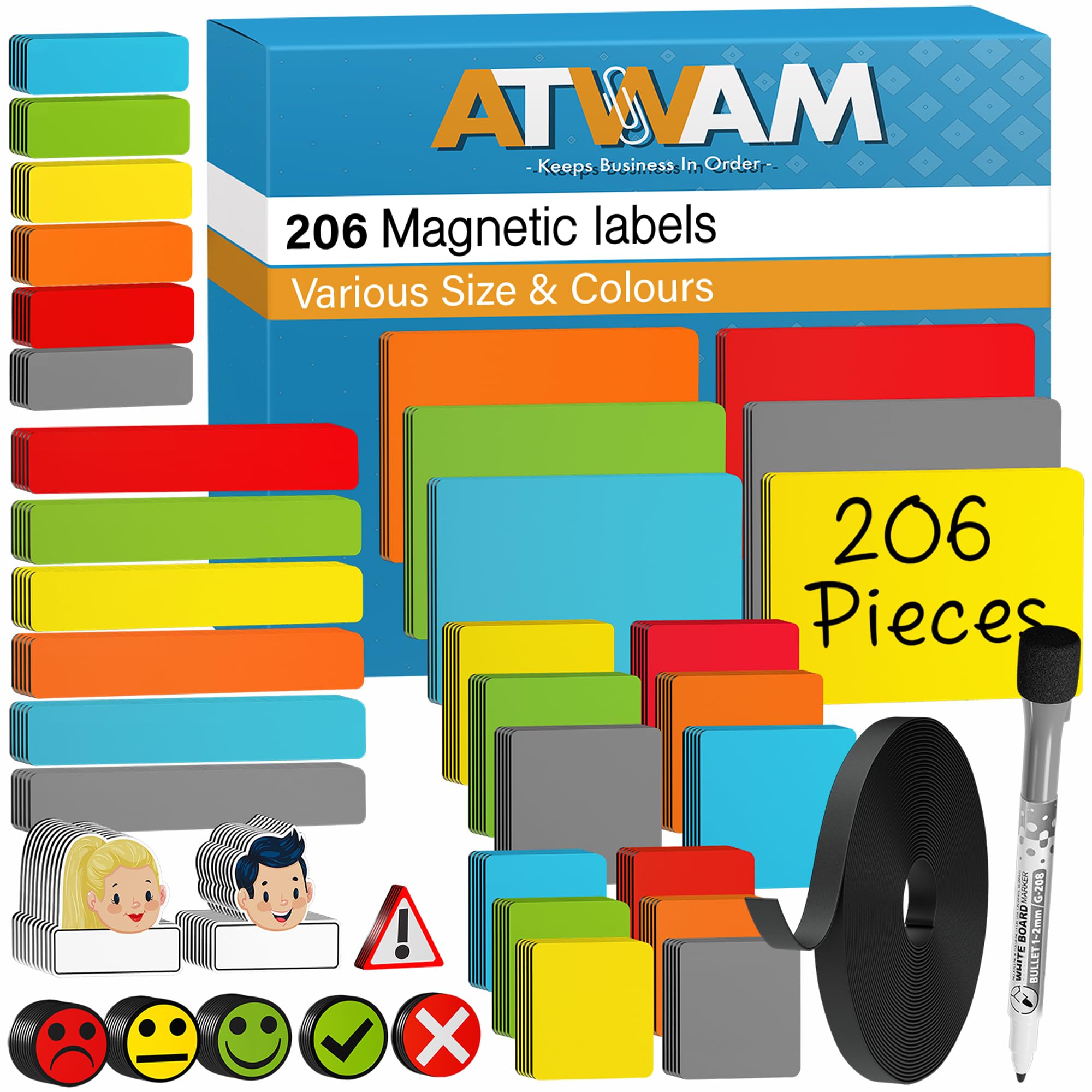 ATWAM - 206 Writeable Magnets & Accessories Mega Set - SCRUM & KANBAN - Magnetic Strip Writeable - For Whiteboard, Magnetic Board, Magnetic Wall & Fridge