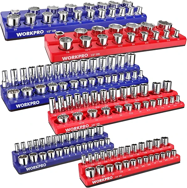 WORKPRO Magnetic Socket Organizer Set, 6-Piece Socket Holder Set Includes 1/4", 3/8", 1/2" Drive Metric SAE Socket Trays, Holds 143 Pieces Sockets, Christmas Gift for Men(Socket not Included