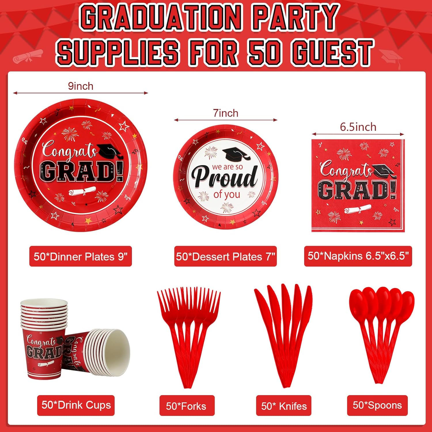 Graduation Party Supplies Decorations Serve 50, 2026 Graduation Plates and Napkins Set, Red Disposable Paper Plates Napkins Cups for College High School Grad Congrats Grad Party Supplies