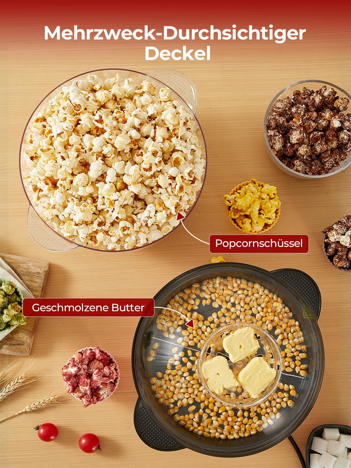 FOHERE 4,5L Popcornmaschine, 700W Popcorn Maschine mit 2 Messbecher für Zucker und Öl, Antihaftbeschichtete Heizplatte und Automatisches Rühren Retro Popcorn Maker für Urlaub und Filmabende